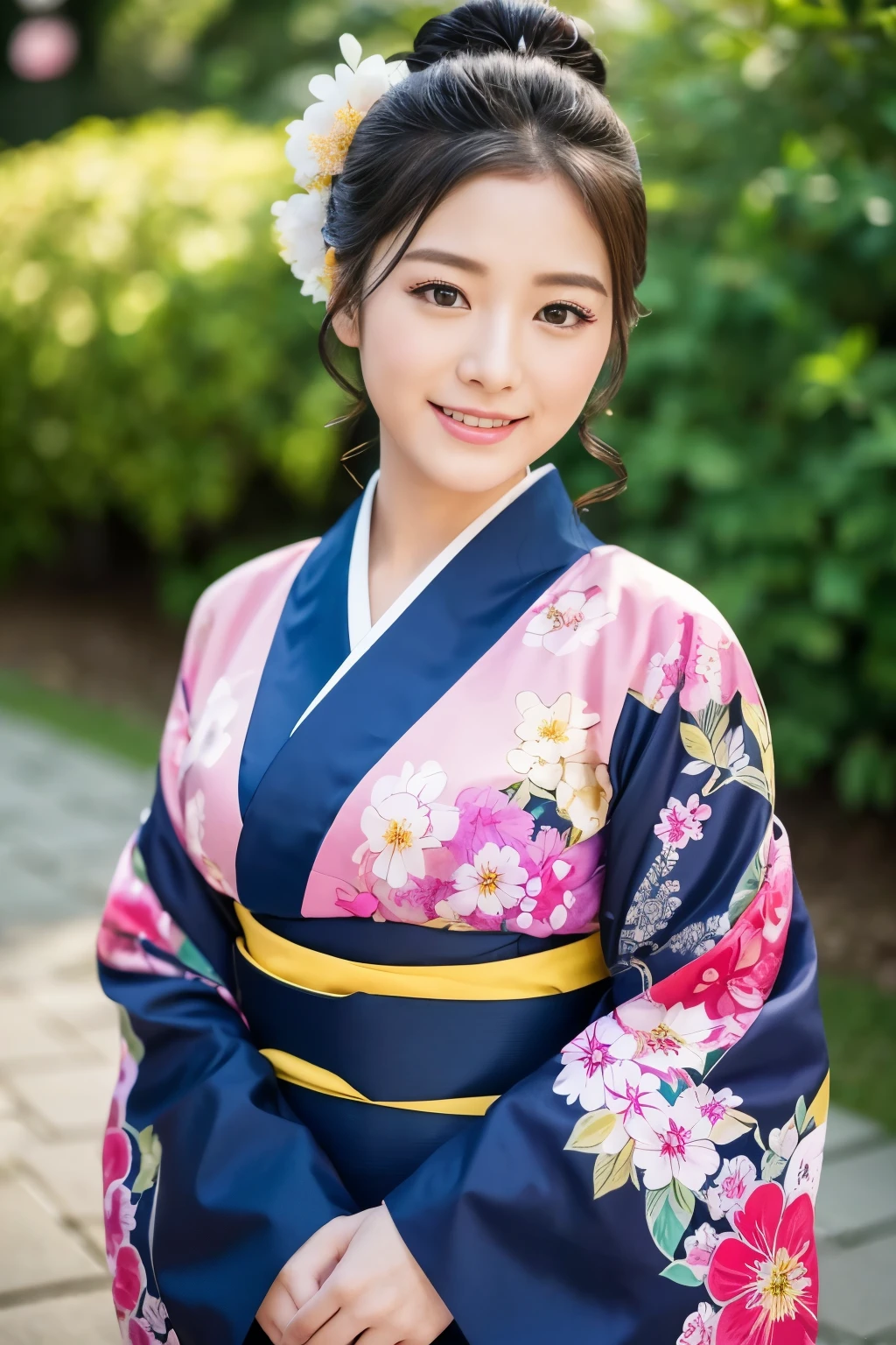 20 years girl、Furisode、Kimono、Flashy pattern、A slight smil、Flower Garden、Beautuful Women、((top-quality、8K、​masterpiece：1.3))、foco nítido：1.2、An ultra-high picture quality、top-quality、​masterpiece、Realistic