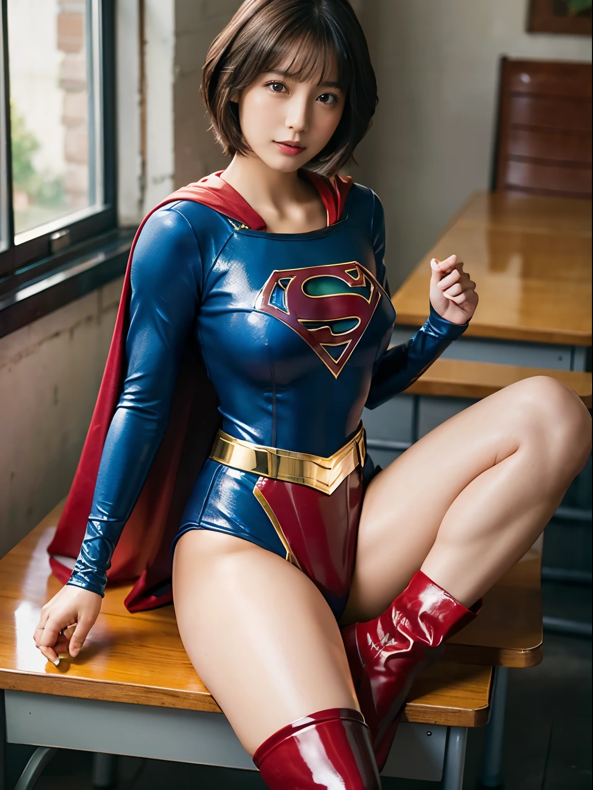 masterpiece、Short-haired Supergirl lying on school desk with legs crossed、large full breasts、Looking at the camera、Glossy enamel costume、Glossy red enamel boots