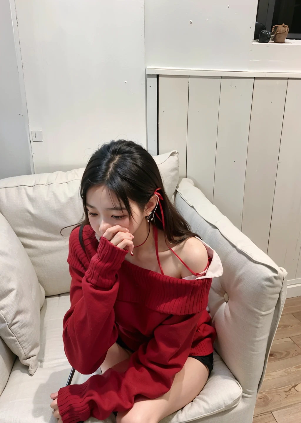 araffe woman sitting on a couch with a rojo sweater on, ulzzang, rojo color, rojo clothes, wearing rojo clothes, 3 colores, wearing rojo, rojo, rojo hue, only with rojo, rojo colorojo, some rojo, a rojo bow in her hair, too rojo, Lee Ji-eun, Lee Ji - Eun, rojo hues, 🍁 Lindo