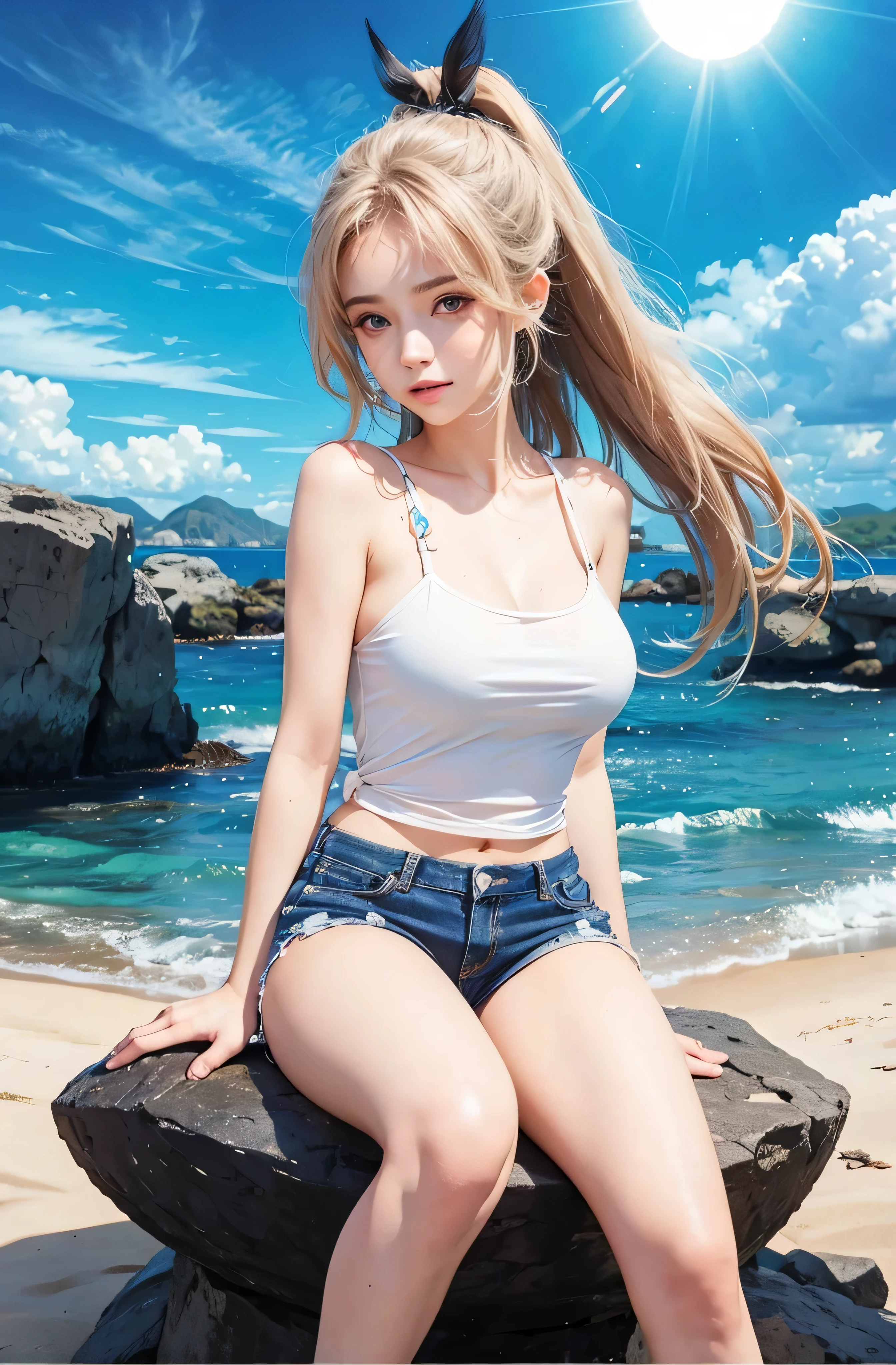 Best quality,masterpiece,ultra high res,1girl, cloud, solo, sky, day, ocean, water, water_drop, cloudy_sky, blue_sky, breasts, horizon, wet, navel, blonde_hair, looking_at_viewer, hand_on_hip, long_hair, beach, outdoors, lens_flare, lips