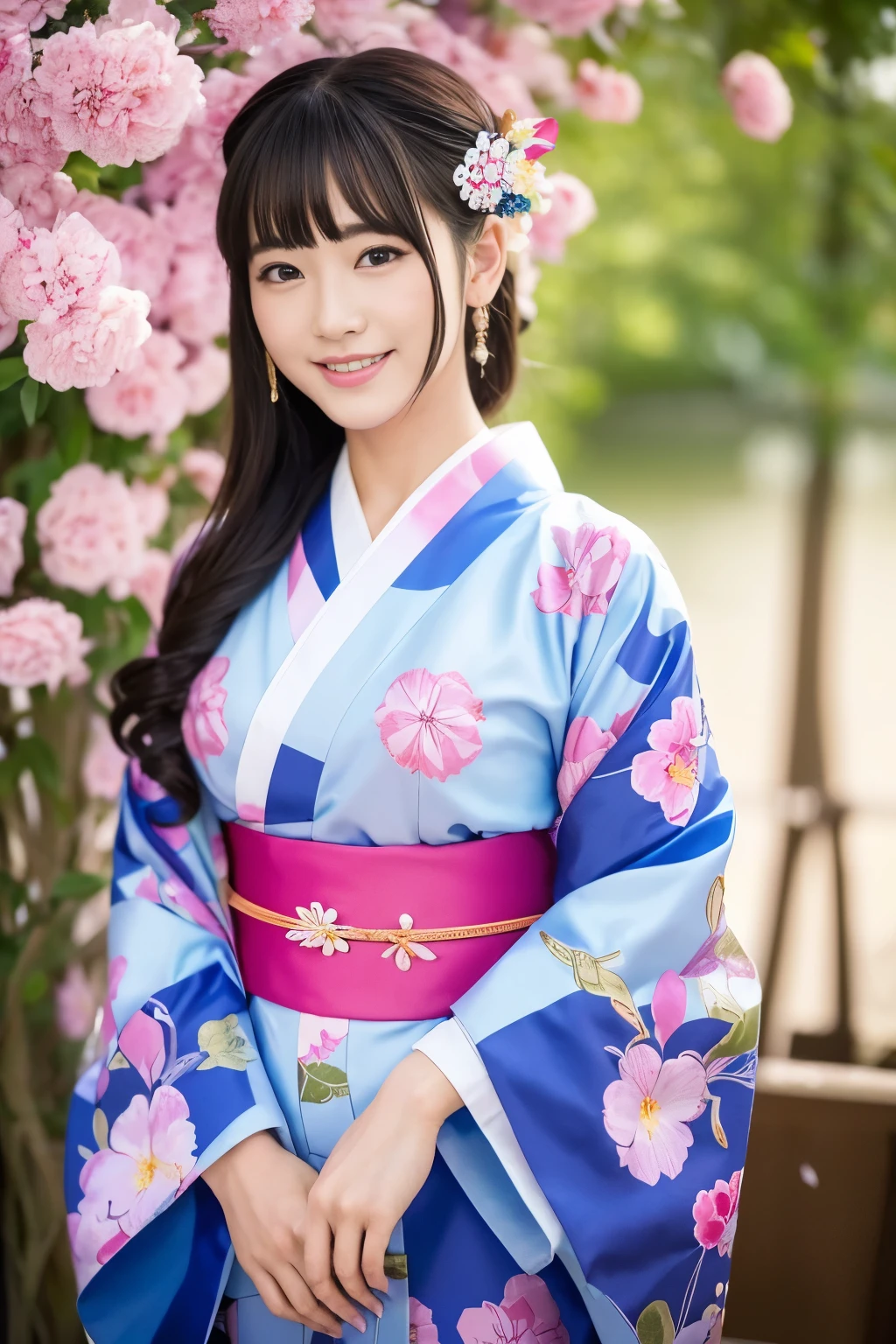 20 years girl、Furisode、Kimono、Flashy pattern、A slight smil、Flower Garden、Beautuful Women、((top-quality、8K、masterpiece:1.3))、foco nítido:1.2、An ultra-high picture quality、top-quality、masterpiece、Realistic