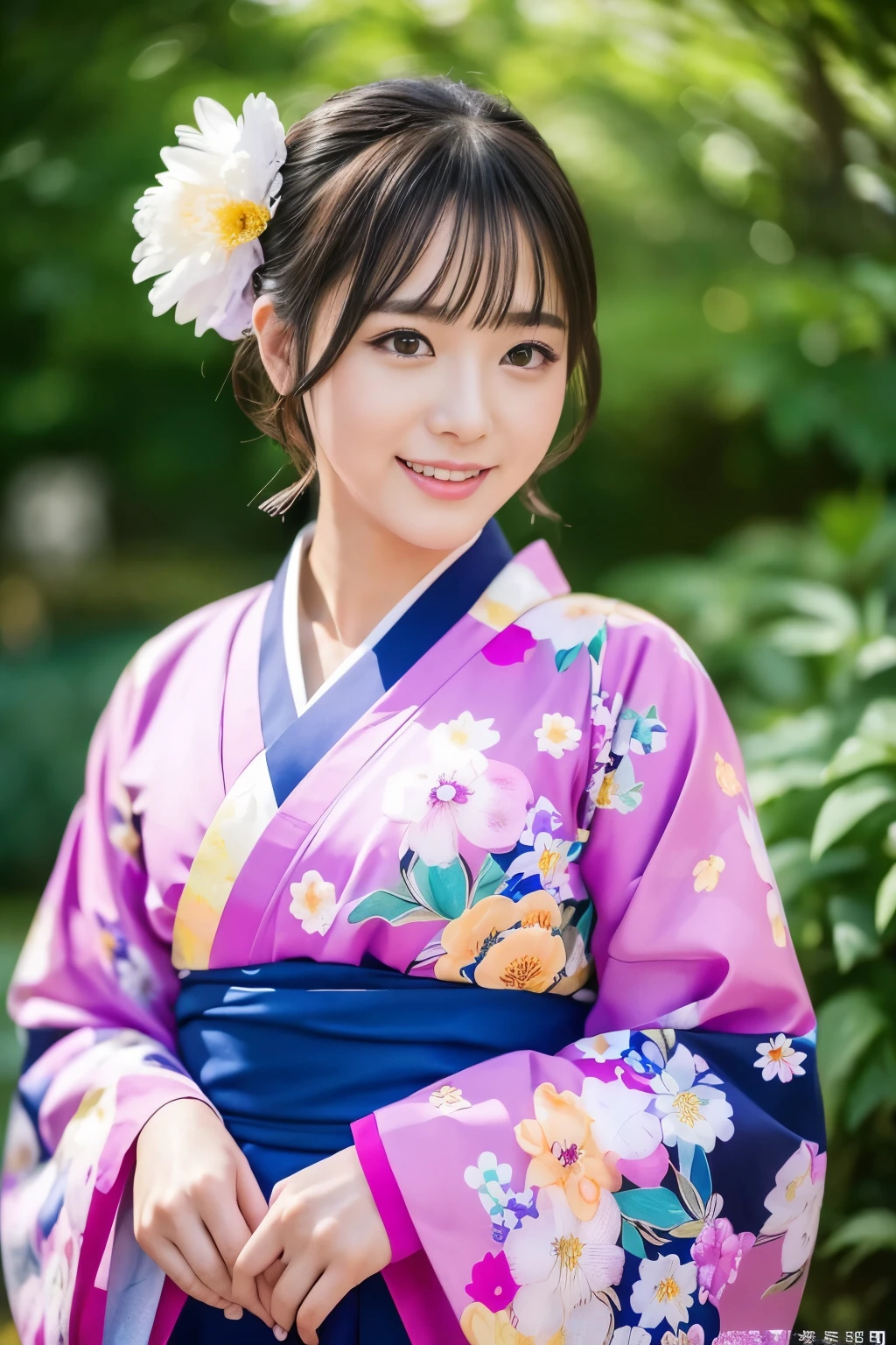 20 years girl、Furisode、Kimono、Flashy pattern、A slight smil、Flower Garden、Beautuful Women、((top-quality、8K、​masterpiece：1.3))、foco nítido：1.2、An ultra-high picture quality、top-quality、​masterpiece、Realistic