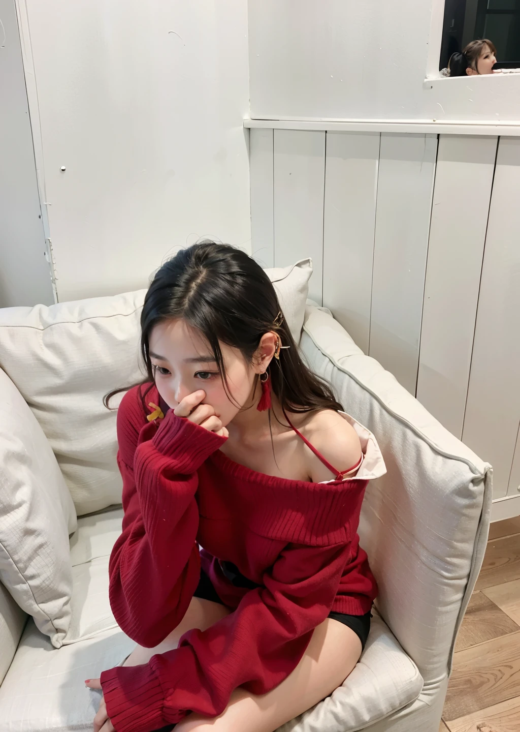 araffe woman sitting on a couch with a rojo sweater on, ulzzang, rojo color, rojo clothes, wearing rojo clothes, 3 colores, wearing rojo, rojo, rojo hue, only with rojo, rojo colorojo, some rojo, a rojo bow in her hair, too rojo, Lee Ji-eun, Lee Ji - Eun, rojo hues, ๐ Lindo