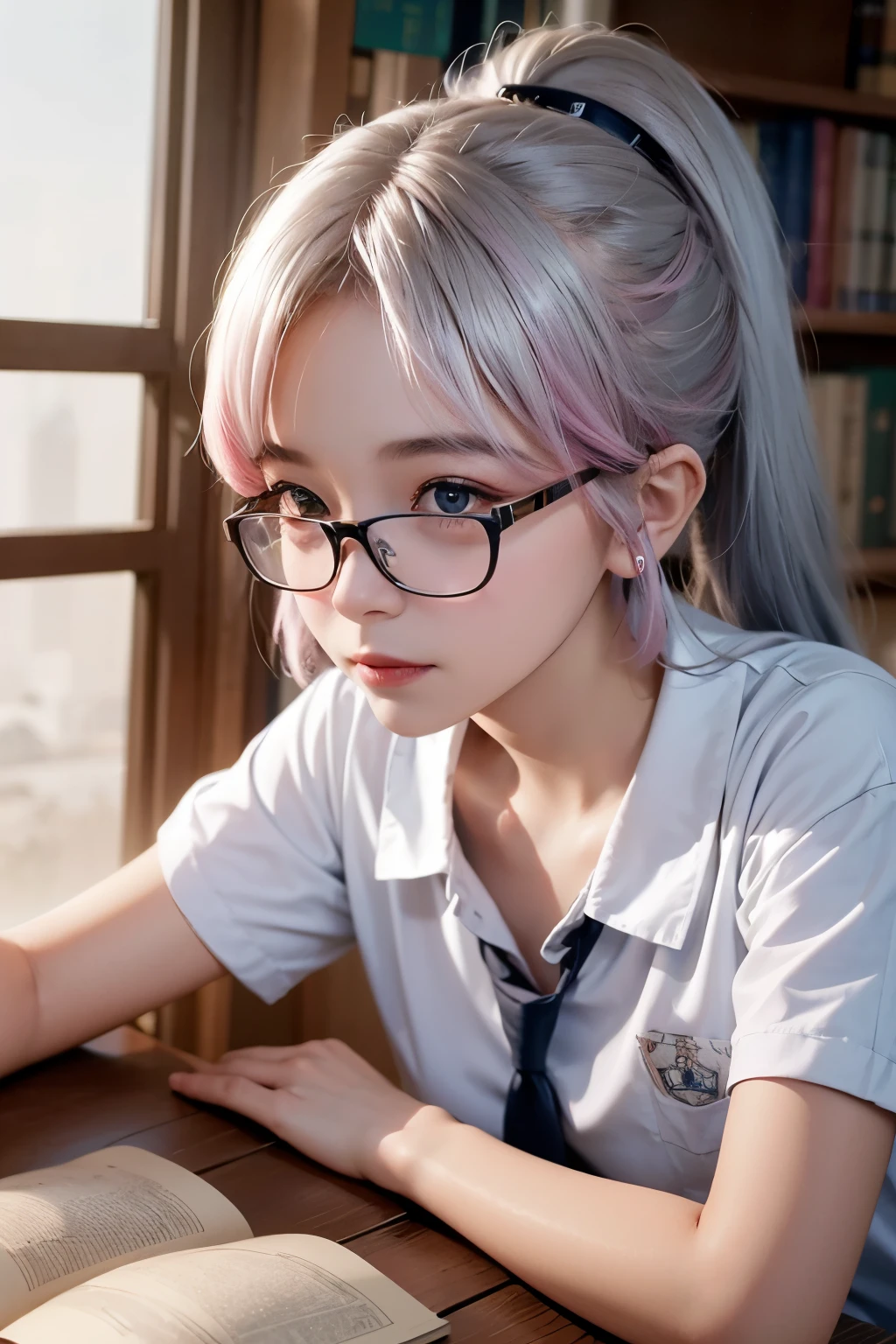 Best quality at best，tmasterpiece，Extremely Delicately Beautiful，The content is very detailed，CG，gatherings，8k wallpaper，An Astonishing，depth of fields，1  Chinese girl，12 yese child，Very cute lolicate skin，Flawless Face，plain face，white color hair，mid - length hair，high ponytails，Striped hair, There are two strands of white hair on both sides of the ears，Wear pink hair accessories，The color of the eyes is blue，Elaborate Eyes，Eyes sparkle，clear thin frame glasses, thinking face, ssmile （Wear a school uniform，white short sleeve）, sitting down, Learn, intermittently, lying on the table, get a pencil, opened book, glass of milk, table light, intermittently, in library, wall decorate, Mini library, glass window, wall clock, intermittently, 电影灯光, realistically, tmasterpiece, Best quality, Complex CG, The face is very detailed, High detail eyes