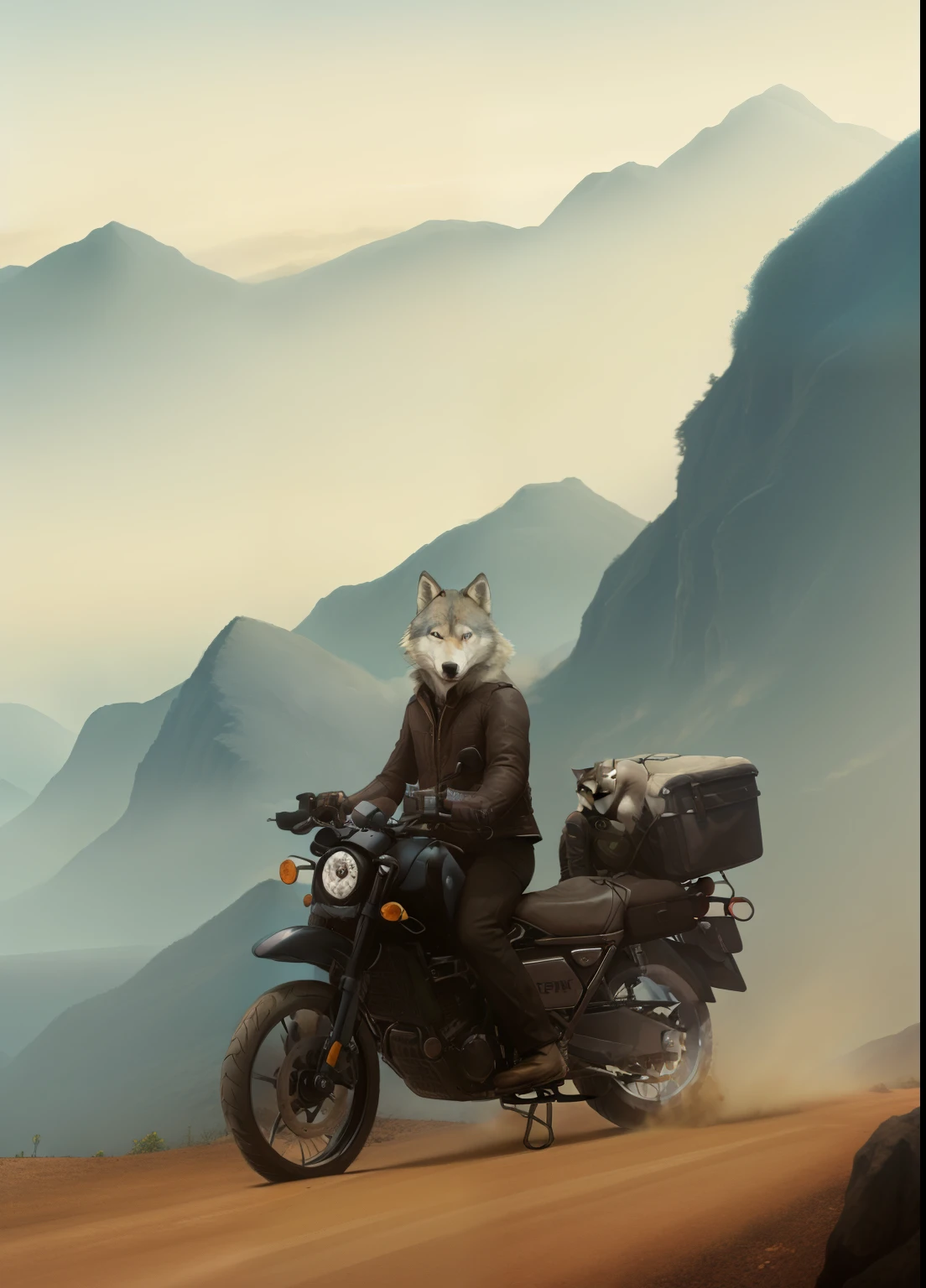 Man with wolf head riding motorcycle,Drive along the dirt road, Zou Zhe’s digital paintings, Hot topics on artstation, furry art, Guweiz style artwork, Crossing mountains and ridges, Artie Guerlain and Steve McCary, People on motorcycles, Wojtechforadass composition, guweiz, Shen Haicheng