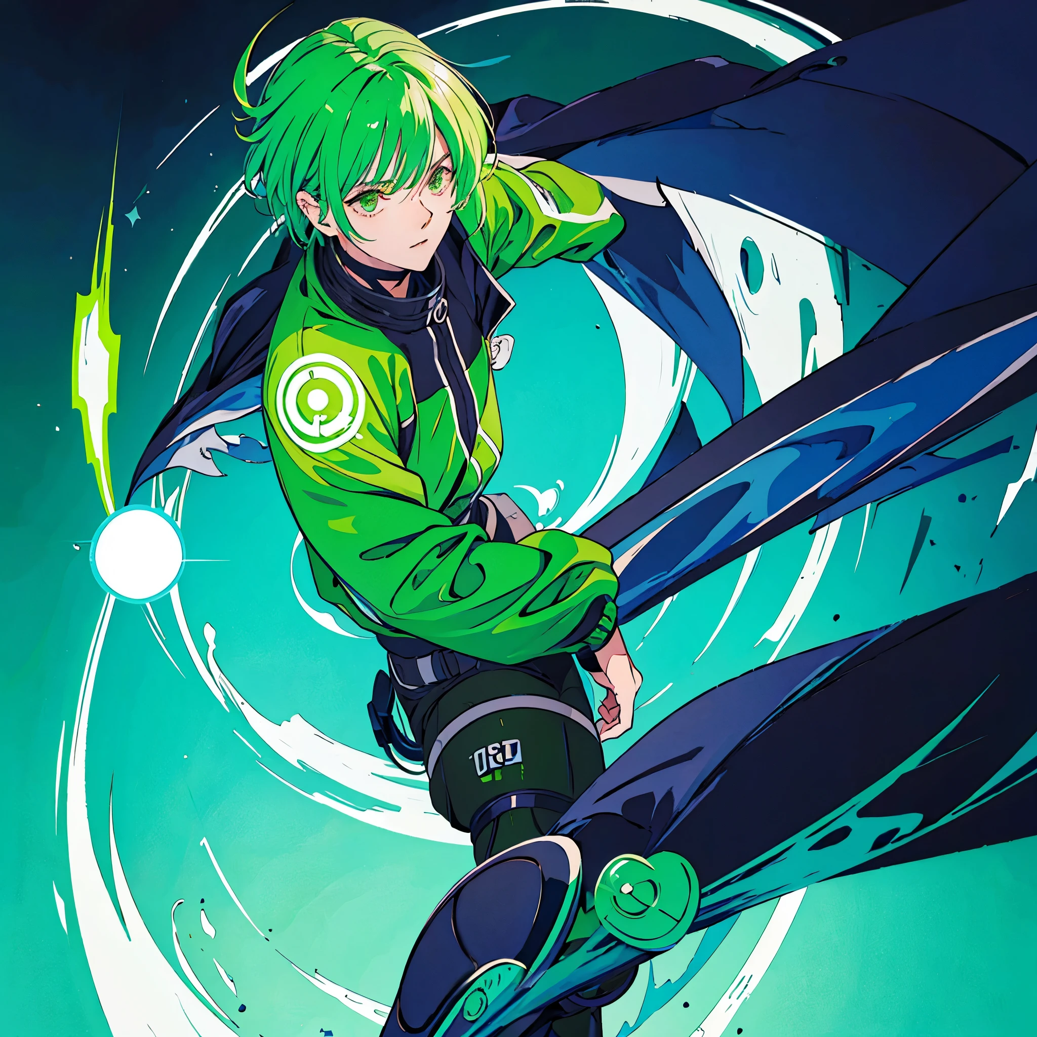 A cyber hero boy rests on a cloud, surrounded by a circle on the screen. Ele veste roupa techwear preta e verde, cabelos longos ao vento, com botas irradiando raios verdes. in the arms, segura um cachorro, compartilhando a jornada. Estilo: desenhado ou anime.