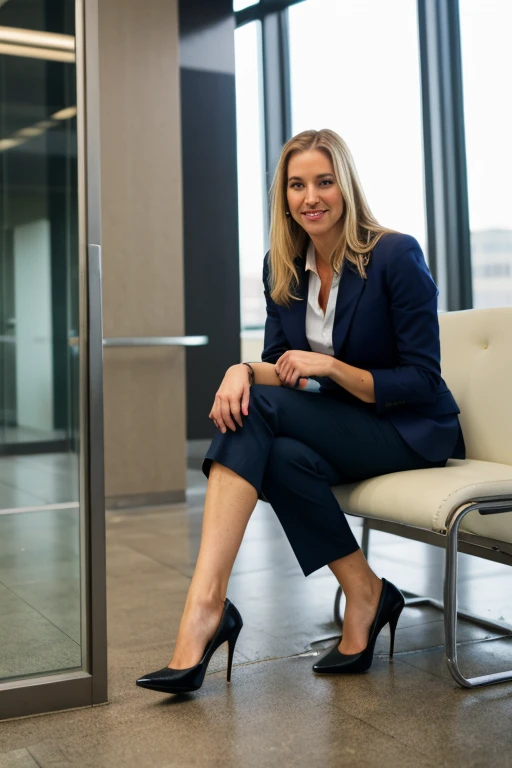 tall blonde, business pants, heels, ((pee stain)), show heels