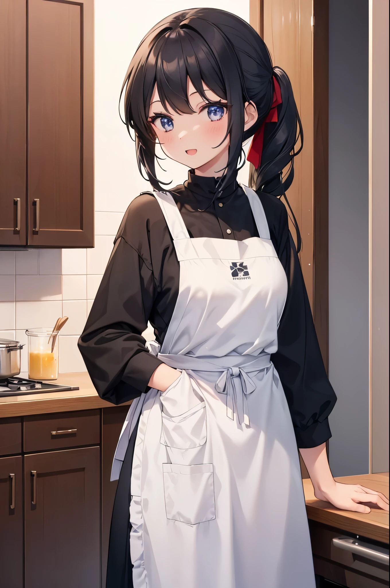 Girl cooking in kitchen,black hair girl,poneyTail,Wearing an apron,Smile with open mouth,refrigerator in the background,High quality,in 8K,sharp