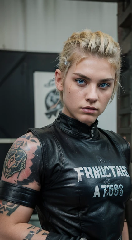 Young white women biker Punk, 17 years old, military haircut, blonde hair, intense blue eyes, intense gaze, affiliated features, no facial hair, height 1.88, weight 90 kg, muscular and corpulent build, broad shoulders, V-shaped body, tattoos, full body focus, completely hairless,