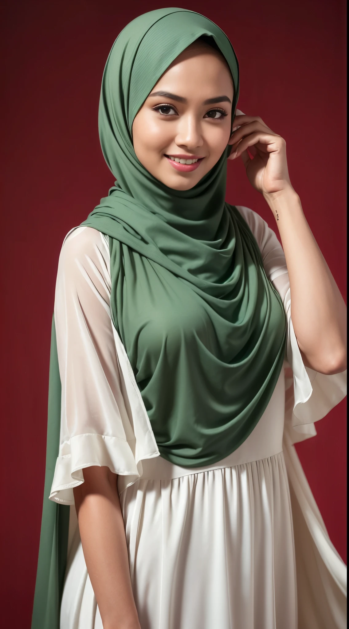 RAW, Best quality, high resolution, work: 1.3, beautiful Malay woman in hijab, beautiful big eyes, smiling, beautiful face, shiny lips, soft smile, medium portrait, watery eyeig breasteautifull woman wearing a red and white dress and a white scarf, modest flowing gown, ( ( dark green, long dress female, green tunic, dress, stylish dress, detailed picture, dark red, dark red dress, idian dress, full body red dress, full covered dress, long tunic, sea - red and white clothes, red dress, an elegant red, background, bokeh,