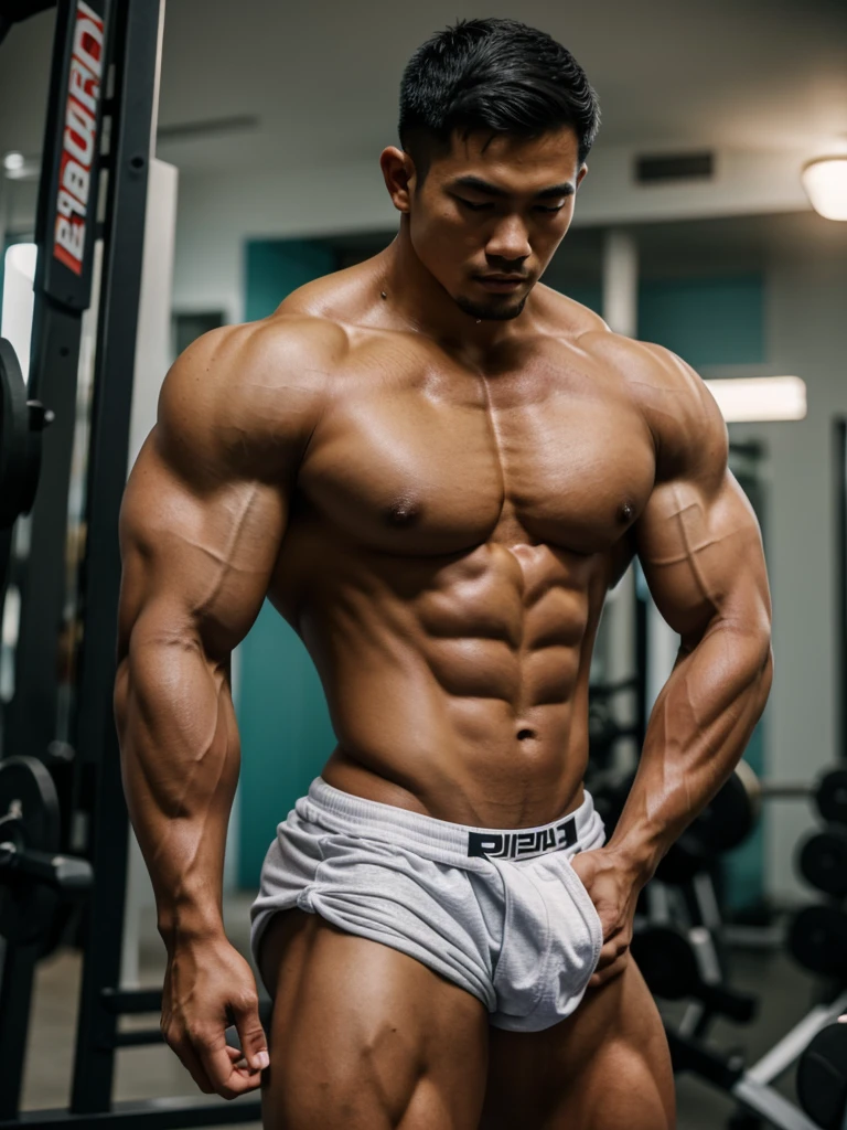 Master piece, Best quality, Super-resolution, Depth-of-field, Thai male, Bodybuilder, Bare legged, Butt, slight beard.