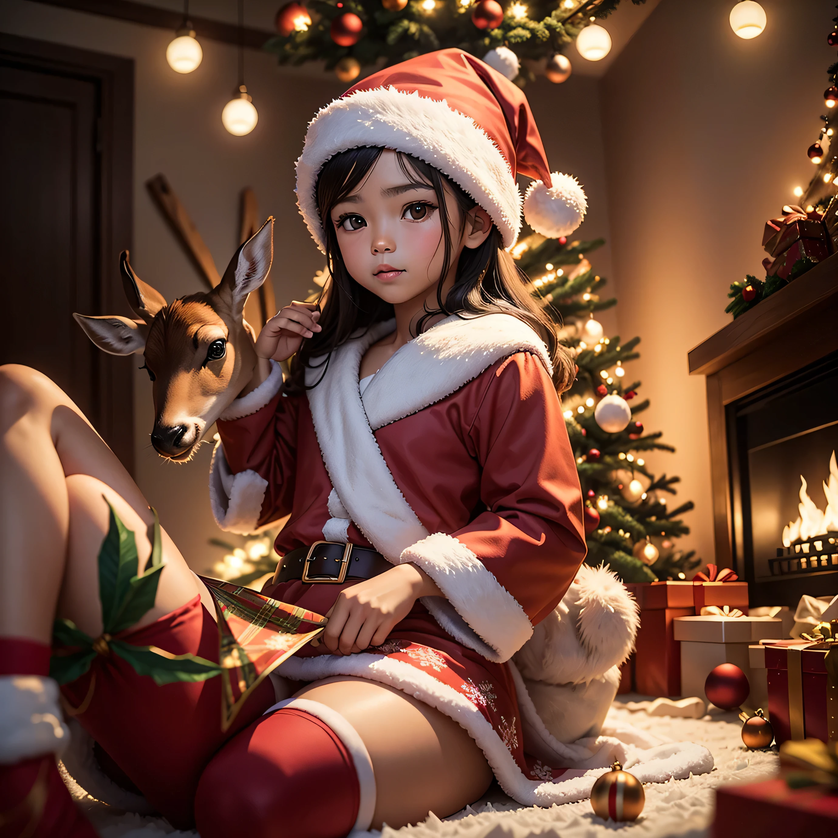 Christmas, A Filipino like Santa Claus wearing Christmas stockings stands under a Christmas tree covered with colorful lights, Next to it lies a baby deer elk