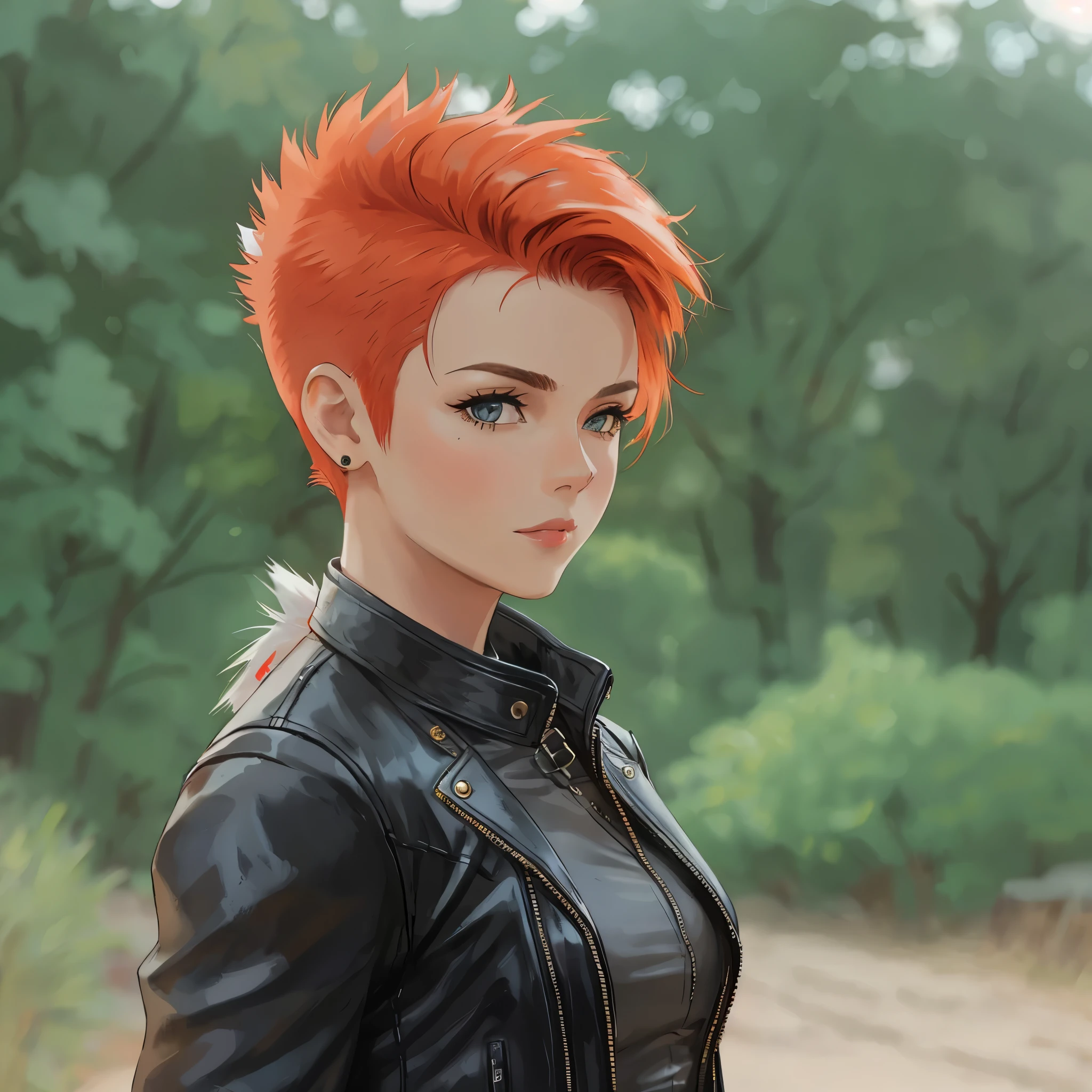 a woman, elsjn, redhead,(mohawk haircut:1.2), , leather jacket, posing, hdr, cinematic