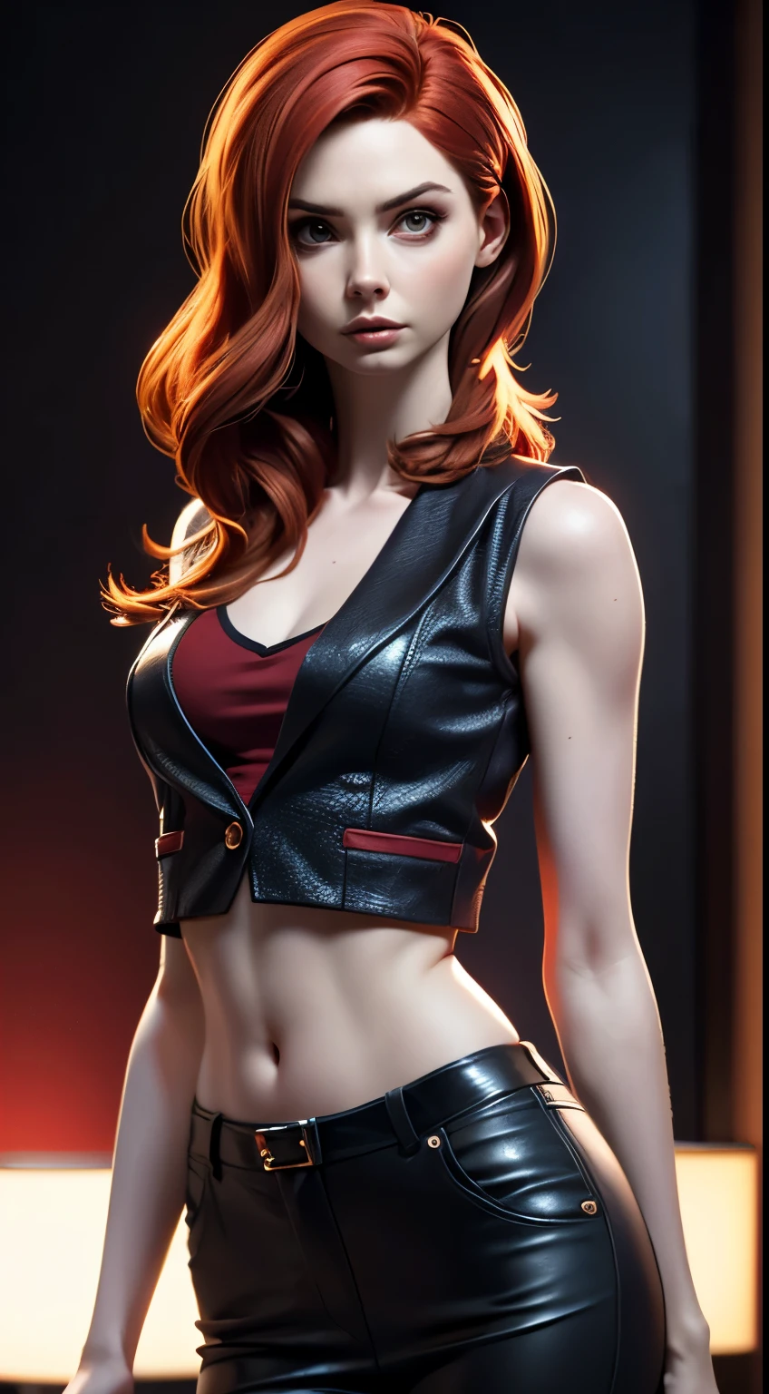 photo of Karen Gillan, beautiful woman hair red, sexy pose, sexy figure, (medium breasts:1.3), (cropped vest black and red color scheme), (masterpiece) (best quality) (detailed) (8k) (HDR) (wallpaper) (cinematic lighting) (sharp focus) (intricate)