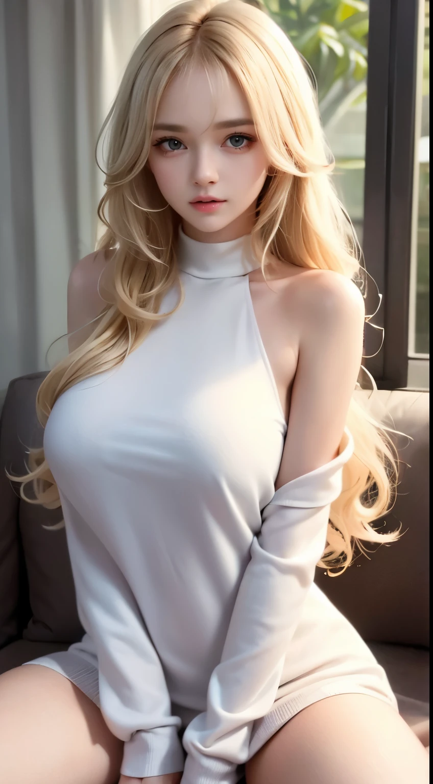 curly hair, (, virgin face,  Masterpiece, High resolution, 8k, 1 girl, ultra Detailed, Fine skin, white skin, Brighten the subject, cinematic lights, beautiful face, Detailed eyes, lip gloss), (((Detailed anatomy))), blonde hair, curly hair, long hair, Wavy hair, Messy hair, Blue eyes, (slender body), (((Natural big tits))), photography, (focus upper body), Sweet smile, looking at viewer, Wearing a white knit long sleeve, Wearing a white knit long sleeve, Bare neck, Bare shoulder and neck, blonde hair, curly hair, long hair, Wavy hair, Messy hair, seduction, sitting on bed, Spread up her legs wide, Spread up her legs wide, Spread up her legs wide, Bare pussy, Bare pussy,