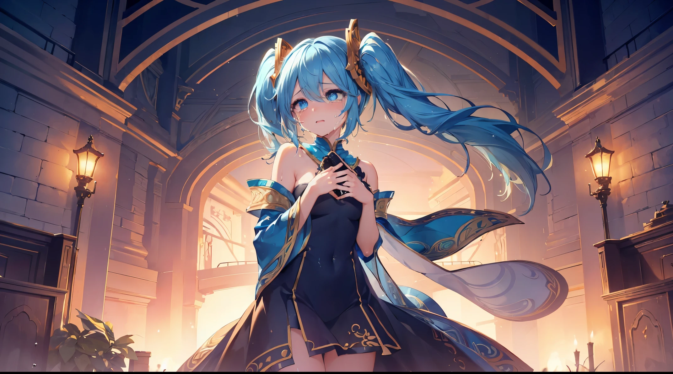 ((4k, masterpiece, top-quality)),8k, best quality, high resolution, HD, unity 8k wallpaper, (illustration:0.8), (beautiful detailed eyes:1.6), extremely detailed face, perfect lighting, extremely detailed CG, (perfect hands, perfect anatomy), super complex details, intricate details (satella_rezero), ((butterfly, solo))), standing, black dress, long hair, bangs, (((tears, crying, crying with eyes open))), 1 girl, (((solo)))sona \(league of legends\), blue hair, blue eyes, gradient hair, twintails, hair ornament, instrument, stage