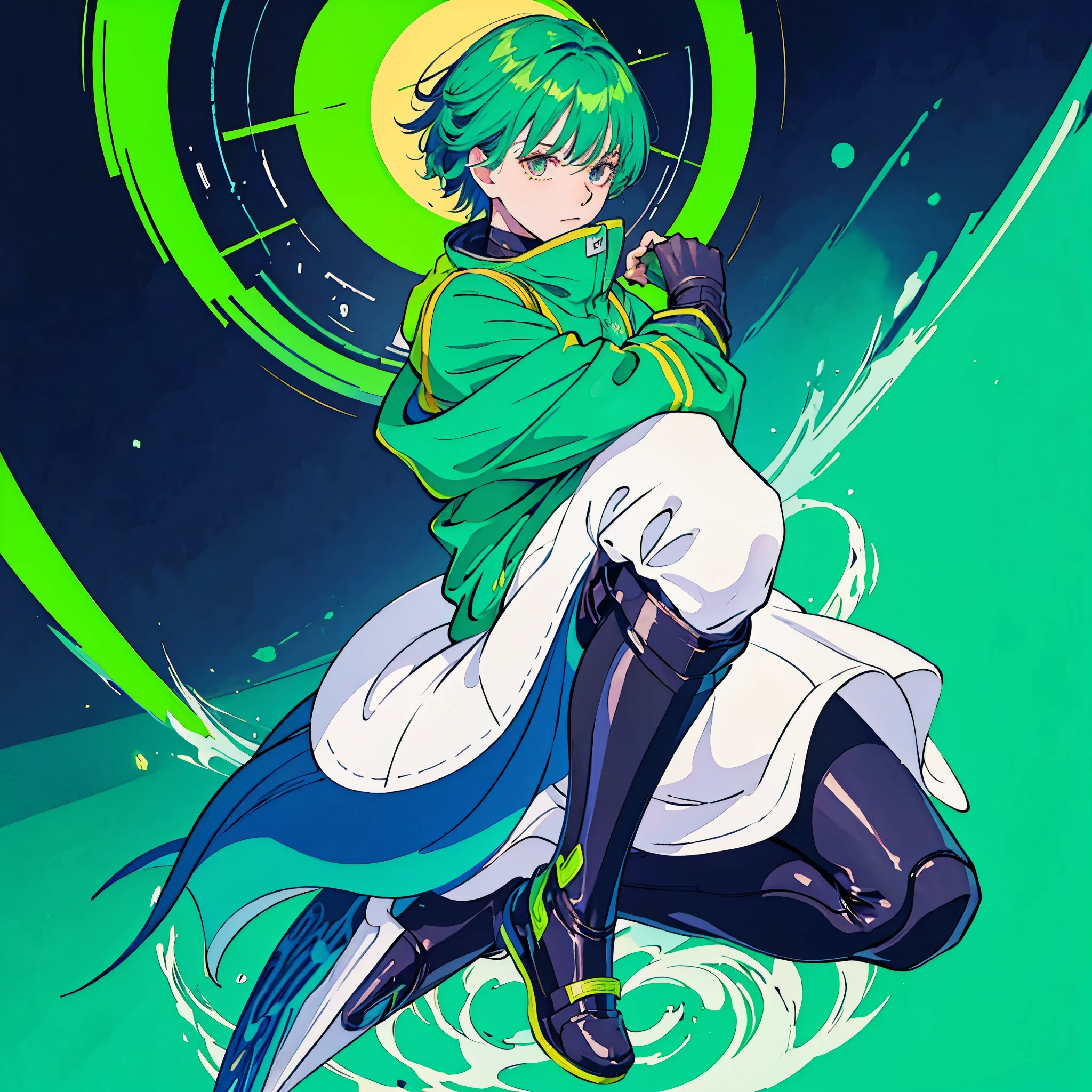 A cyber hero boy rests on a cloud, surrounded by a circle on the screen. Ele veste roupa techwear preta e verde, cabelos longos ao vento, com botas irradiando raios verdes. in the arms, segura um cachorro, compartilhando a jornada. Estilo: desenhado ou anime.