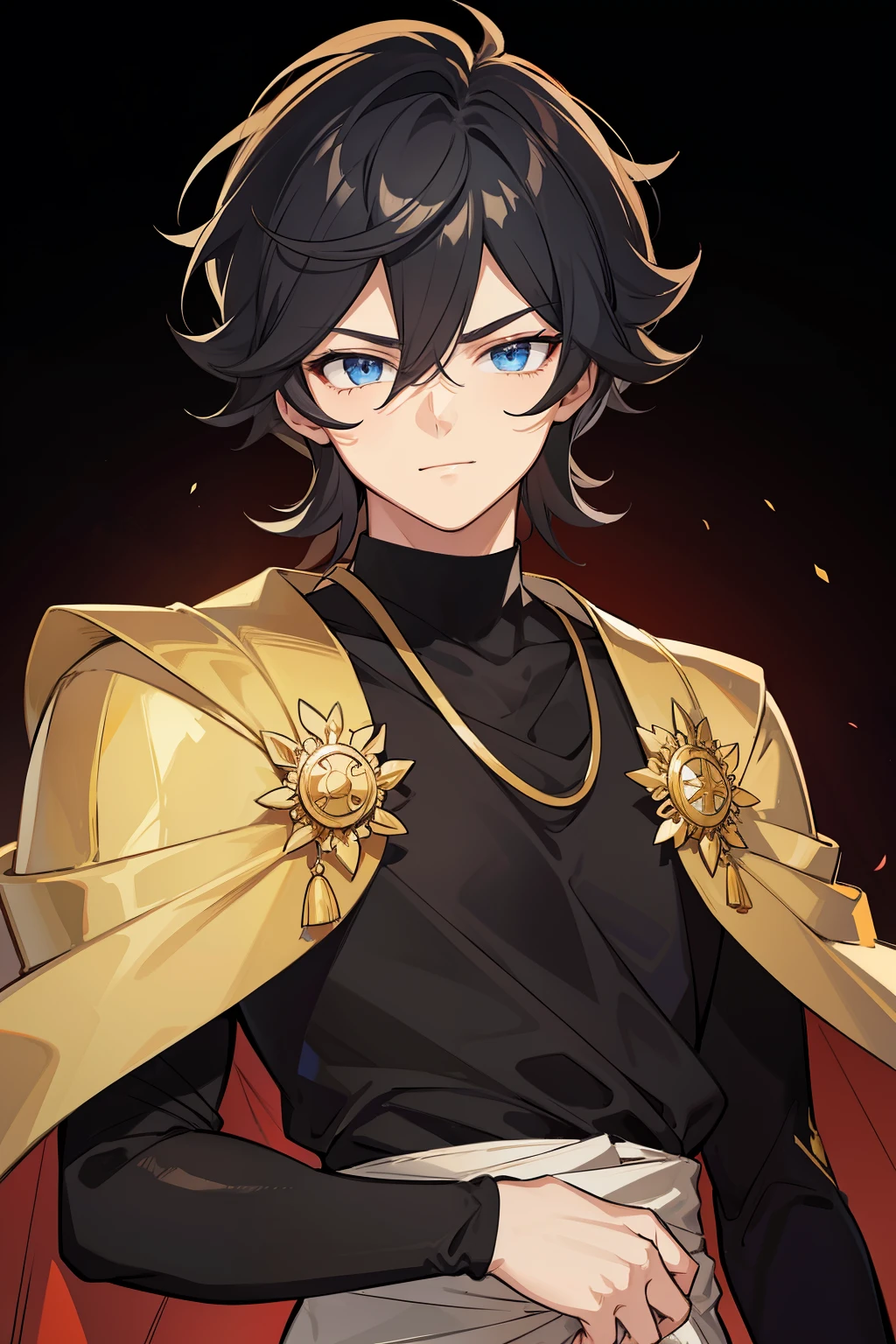 (high-quality, breathtaking),(expressive eyes, perfect face) portrait, 1boy, male, solo, young adult, black hair, blue coloured eyes, stylised hair, gentle smile, short shoulder length hair, loose hair, side bangs, curley hair, really spiky hair, spiked up hair, looking at viewer, portrait, ancient greek clothes, black long sleeved tunic gold trim around collar edges and down middle, greek, red and gold sash, simple background, slightly narrow eyes, masculine face, masculine eyes, , happy expression, clothes similar to Hypnos Saint Seiya, clothes similar to Alone Saint Seiya