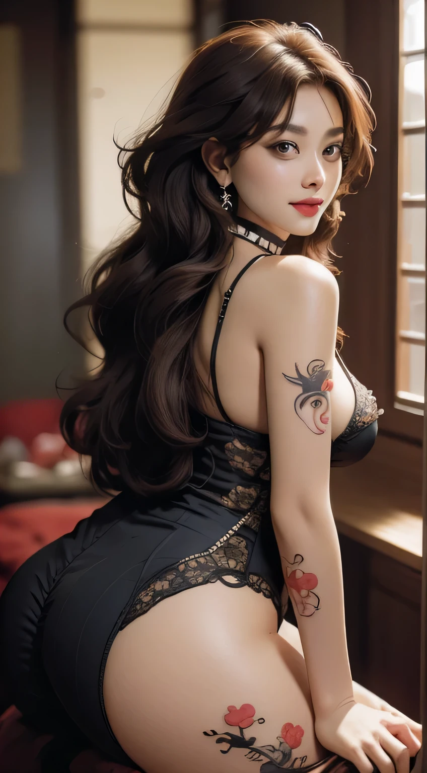 8K, Raw photo, Best Quality, masutepiece, (Photorealistic), Sharp Focus, Japan 20-year-old woman, Full body shot, Beautiful face, Detailed face, fleshy lips, Large eyes, choker necklace, Ear nipple rings , makeup, ((full body skin tattoo)), Big breasts, Drop-shaped chest, The perfect hourglass figure, thin waist, nabel , Big butt, Crotch visible, thick thighs, Long legs, high-heels, Cheerful, Sexy, Bewitching, Shy smile, Brown eyes, long curly brown hair, (Shallow depth of field), Wide field, (Depth Field: 1.3), Background blur, Perspective,