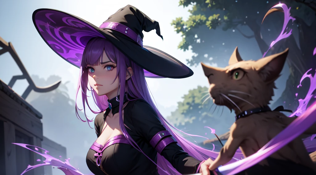 purple hair, risque pose, digital illustration, vibrant colors, soft lighting, glowing effects, perfect face, glowing effects, absurdres, ultrasharp, 8K, long hair, witch, witch hat, witch broom, cat, magic powers