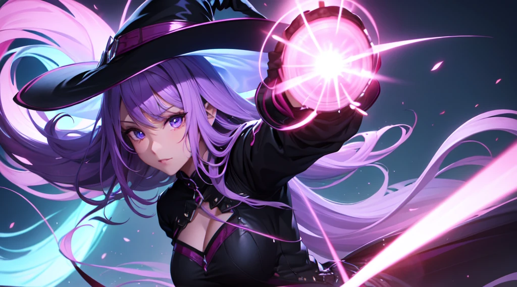 purple hair, risque pose, digital illustration, vibrant colors, soft lighting, glowing effects, perfect face, glowing effects, absurdres, ultrasharp, 8K, long hair, witch, witch hat, witch broom, cat, magic powers