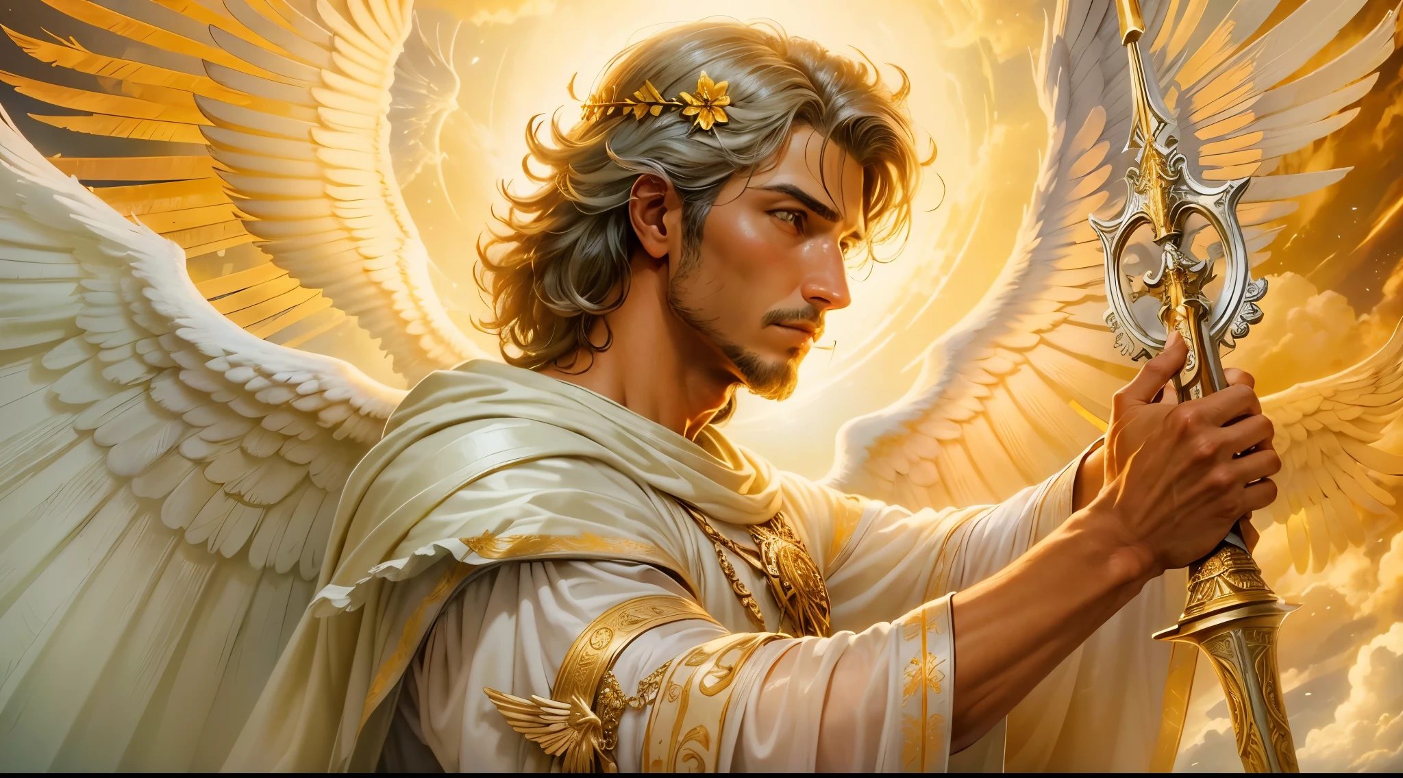 Closeup of an image a man angel with a large and long sword with attack position in the right hand, in the other left hand holding a scale, Angel dressed as a Roman soldier looking at the ground, arcanjo homem com asas grandes, o anjo da fortuna, perfeito, Realistic, Biblical setting, Biblical Paradise Setting, sol e nuvens ultras realistas, flores e velas, illuminated archangel of heaven, flores coloridas, velas acesas, roupas brancas e vermelhas, Velas incandescentes