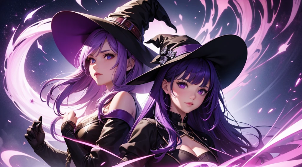 purple hair, risque pose, digital illustration, vibrant colors, soft lighting, glowing effects, perfect face, glowing effects, absurdres, ultrasharp, 8K, long hair, witch, witch hat, witch broom, cat, magic powers