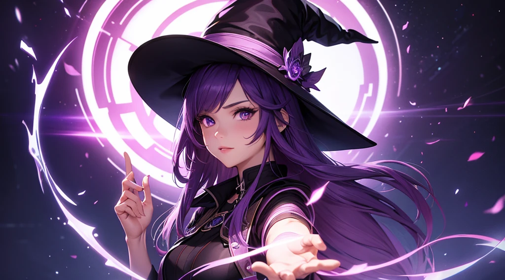 purple hair, risque pose, digital illustration, vibrant colors, soft lighting, glowing effects, perfect face, glowing effects, absurdres, ultrasharp, 8K, long hair, witch, witch hat, witch broom, cat, magic powers
