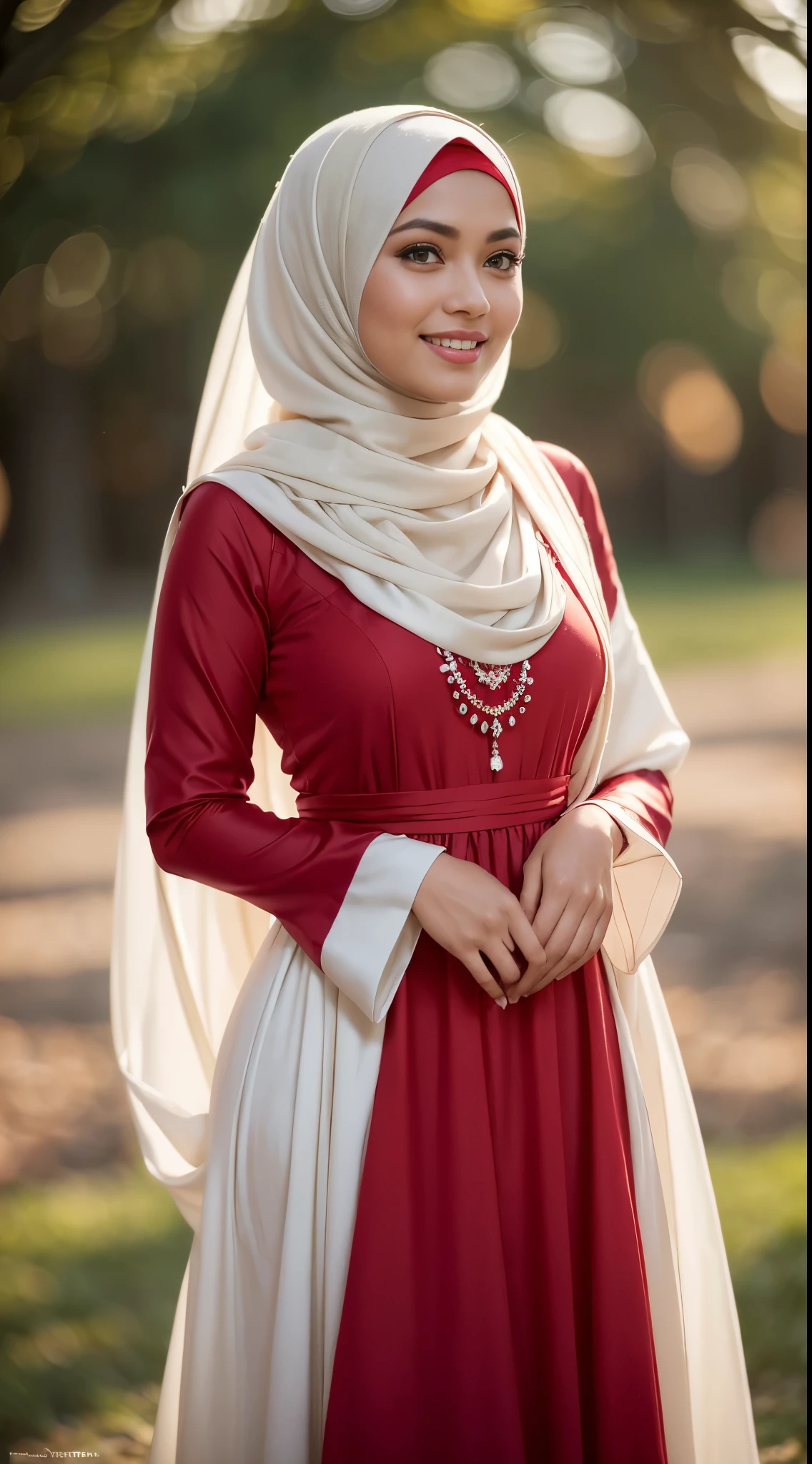 RAW, Best quality, high resolution, work: 1.3, beautiful Malay woman in hijab, beautiful big eyes, smiling, beautiful face, shiny lips, soft smile, medium portrait, watery eyeig breasteautifull woman wearing a red and white dress and a white scarf, modest flowing gown, ( ( dark green, long dress female, white tunic, dress, stylish dress, detailed picture, dark red, dark red dress, idian dress, full body red dress, full covered dress, long tunic, sea - red and white clothes, red dress, an elegant red, background, bokeh,