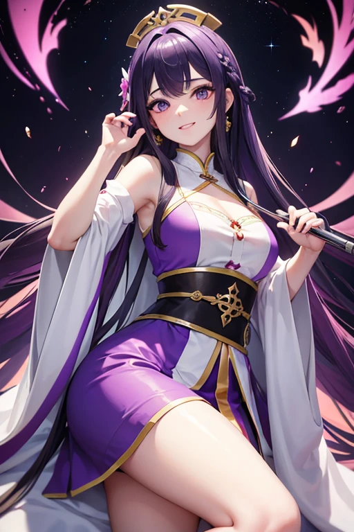Bright purple Taoist robe, Falda larga Hanfu, ojos grandes, Obra maestra belleza absoluta, 1 mujer, primer plano. primer plano, sonrisa curativa, escena de nieve, , trenza retorcida, Peinado princesa corte princesa, Accesorios sencillos para el cabello, poca ropa sexy