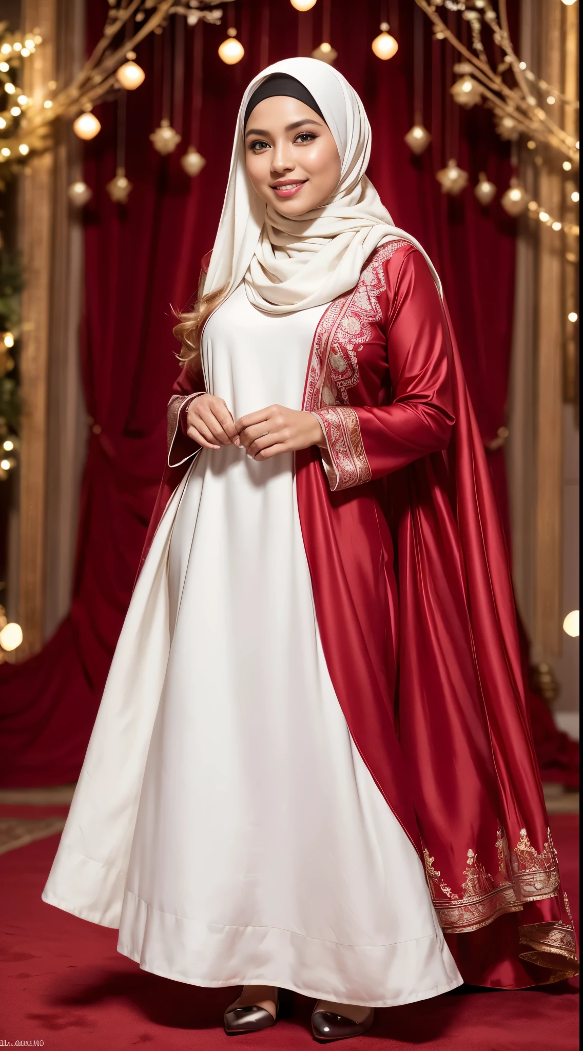 RAW, Best quality, high resolution, work: 1.3, beautiful Malay woman in hijab, beautiful big eyes, smiling, beautiful face, shiny lips, soft smile, medium portrait, watery eye ,big breast,beautifull woman wearing a red and white dress and a white scarf, modest flowing gown, ( ( white, long dress female, white tunic, dress, stylish dress, detailed picture, dark red, dark red dress, idian dress, full body red dress, full covered dress, long tunic, sea - red and white clothes, red dress, an elegant red, background, bokeh,