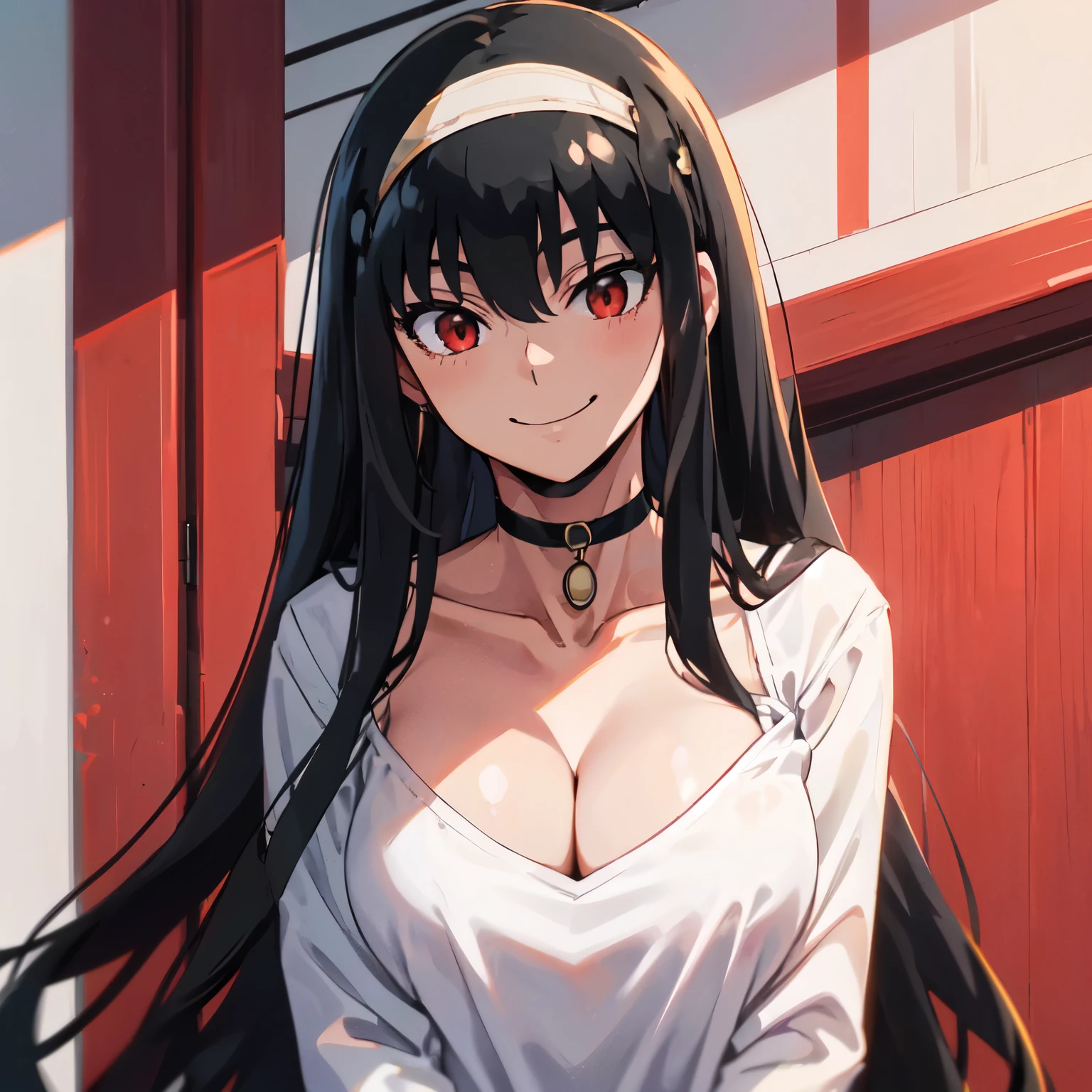 (((solo))), ((((((black long hair)))))), red eyes, (((opened white shirt, cleavage, choker))), white hairband,upper body focus, ((shy smile))