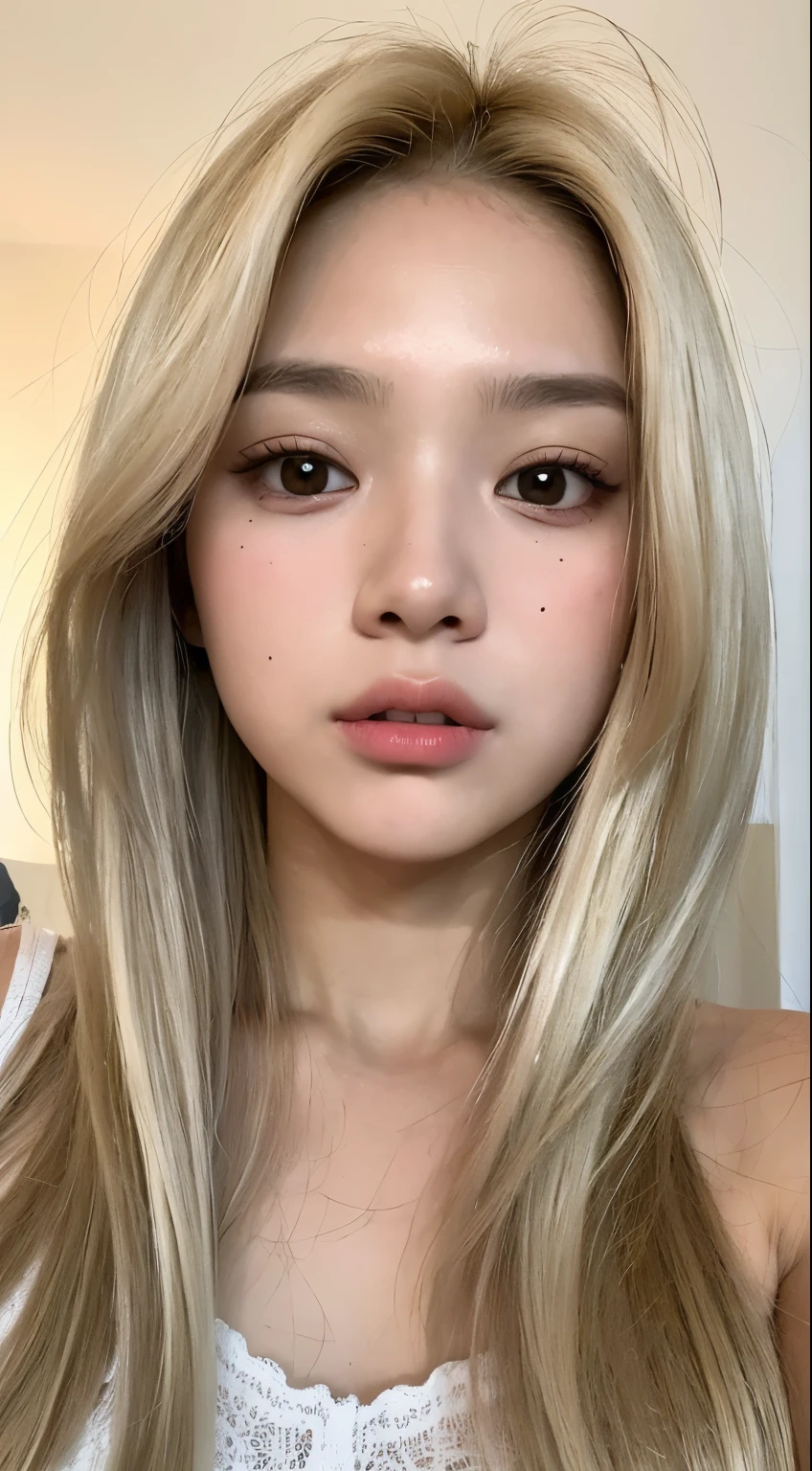 Retrato de um belo adolescente de 18 anos, blonde head, lindo coreana, foco nítido:1.2, 1girl, Mulheres bonitas com figura perfeita:1.4, abdominais finos:1.1, ((cabelos loiros claros)), (tampo de corte branco:1.4）,（Ao ar livre，durante a noite：1.1），deitada na cama de costas，rosto ultrafino，Olhos Finos，Double eyelidm.