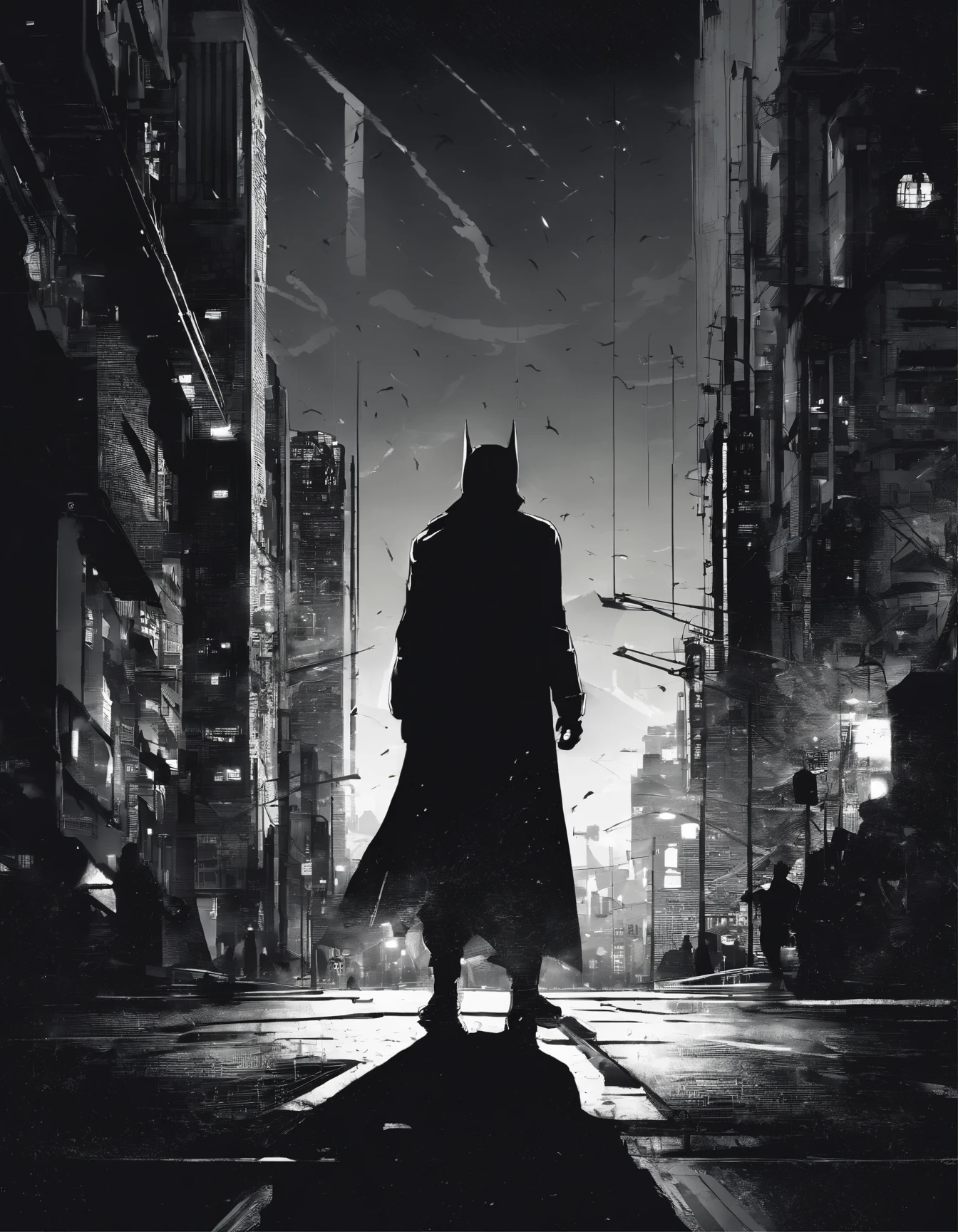 (best quality,4k,highres,masterpiece:1.2),ultra-detailed,realistic,dark superhero,gothic art,nighttime vigilante,masked crime fighter,brooding expression,cape and cowl,utility belt,bat signal in the sky,iconic bat logo,stark cityscape with towering buildings,intense shadows,glimmering moonlight,eerie alleyways,dark and moody atmosphere,gritty and atmospheric setting,urban crime-fighting,action-packed dynamic poses,silhouette against the night sky,detailed muscular physique,vibrant and dramatic lighting,spectacular fighting scenes,vengeance and justice,city in chaos,captivating and ominous mood