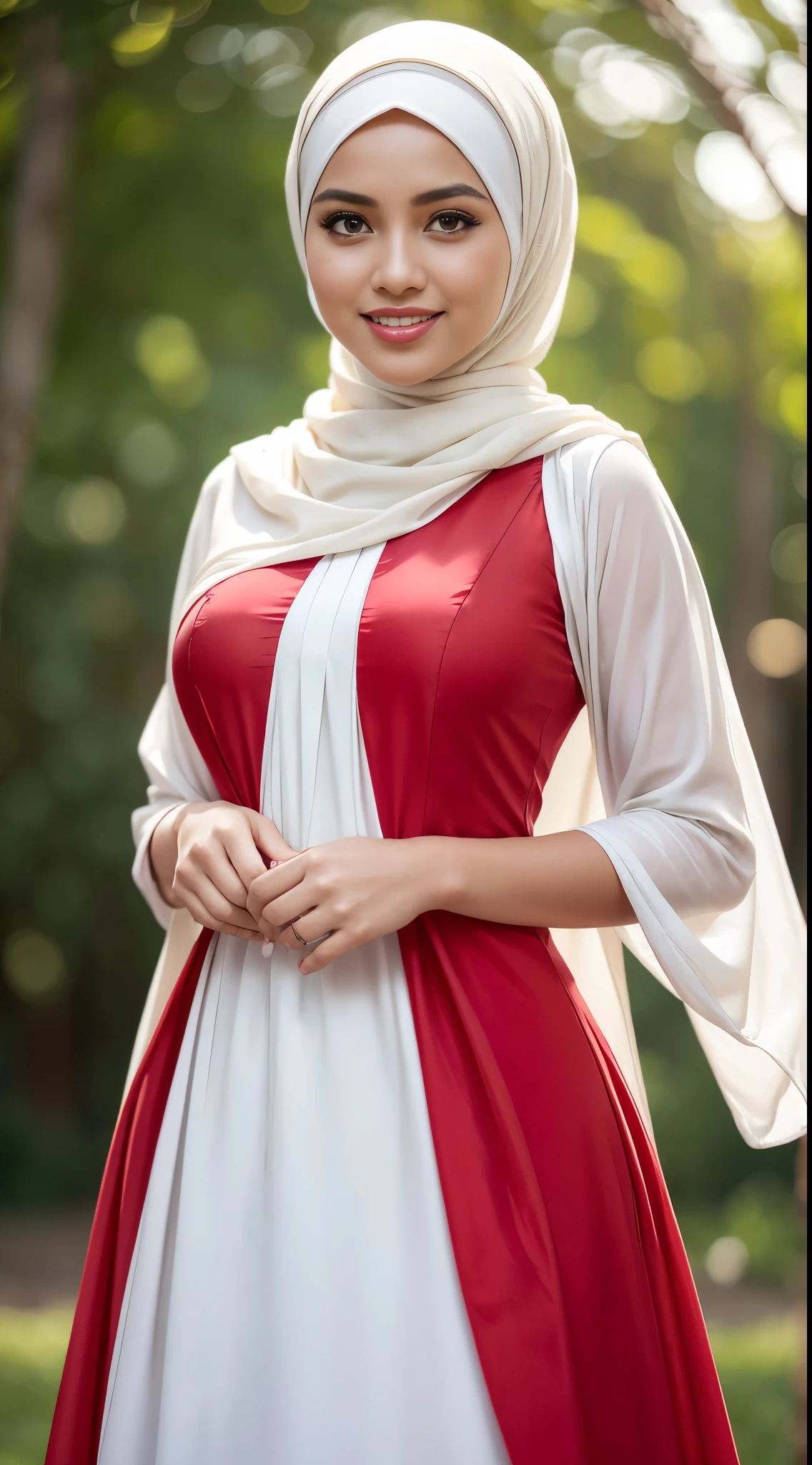 RAW, Best quality, high resolution, work: 1.3, beautiful Malay woman in hijab, beautiful big eyes, smiling, beautiful face, shiny lips, soft smile, medium portrait, watery eye ,big breast,beautifull woman wearing a red and white dress and a white scarf, modest flowing gown, ( ( white, long dress female, white tunic,  dress, stylish dress, detailed picture, dark red, dark red dress, idian dress, full body red dress, full covered dress, long tunic, sea - red and white clothes, red dress, an elegant red, background, bokeh,