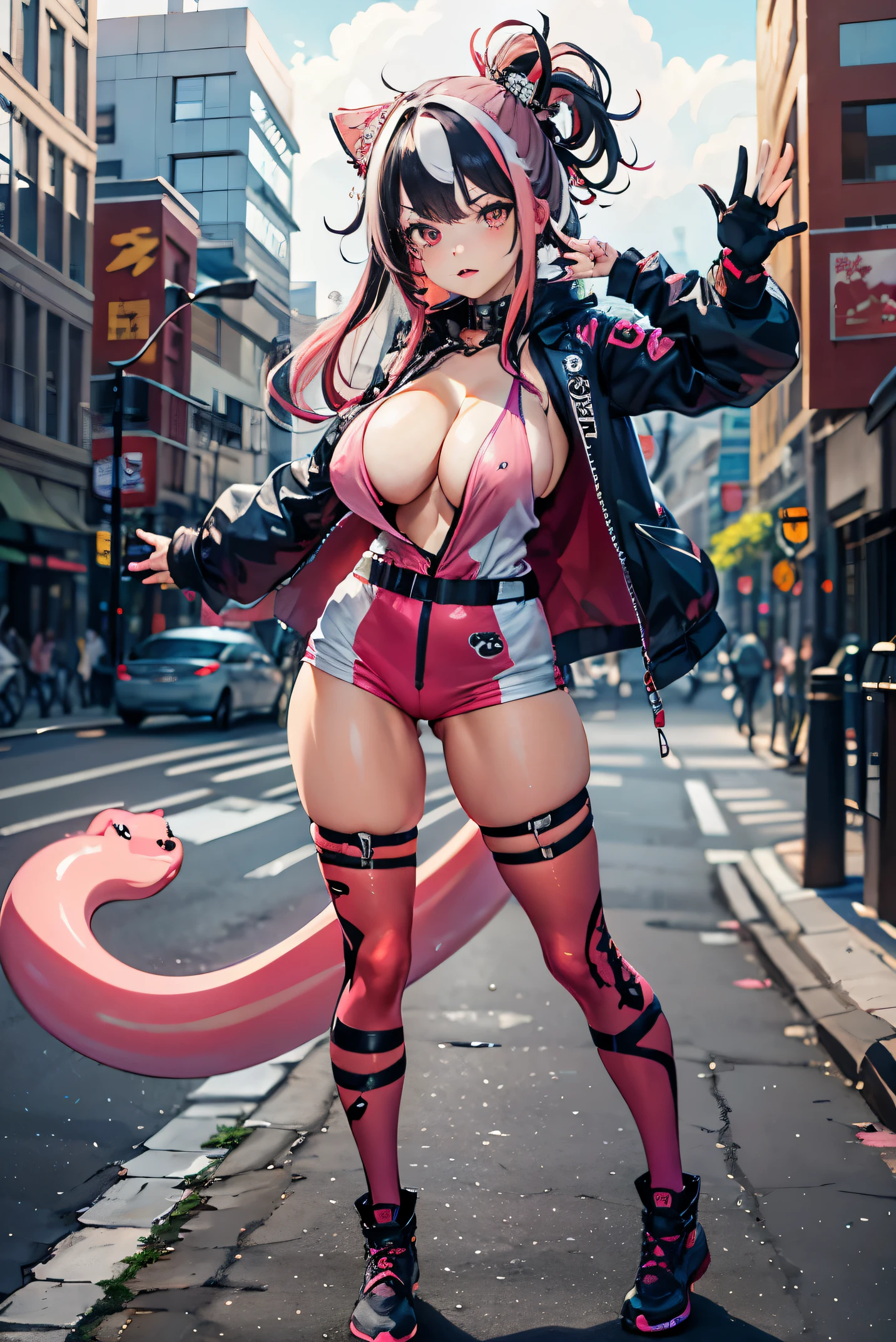 blush, cleavage,, red eyes, red fingerless gloves,glowing aura, natural light, masterpiece, glossy skin, juicy lips ,long hair, cute, kawaii, adorable, reaching up, , cuddle, kawaii clothes,random hair style, random clothes, black hair, (((pink streaks in hair))), yellow eyelack hair)), snake, random pose, random background, random action, sexy, hot, nipple slip, full body, random expression