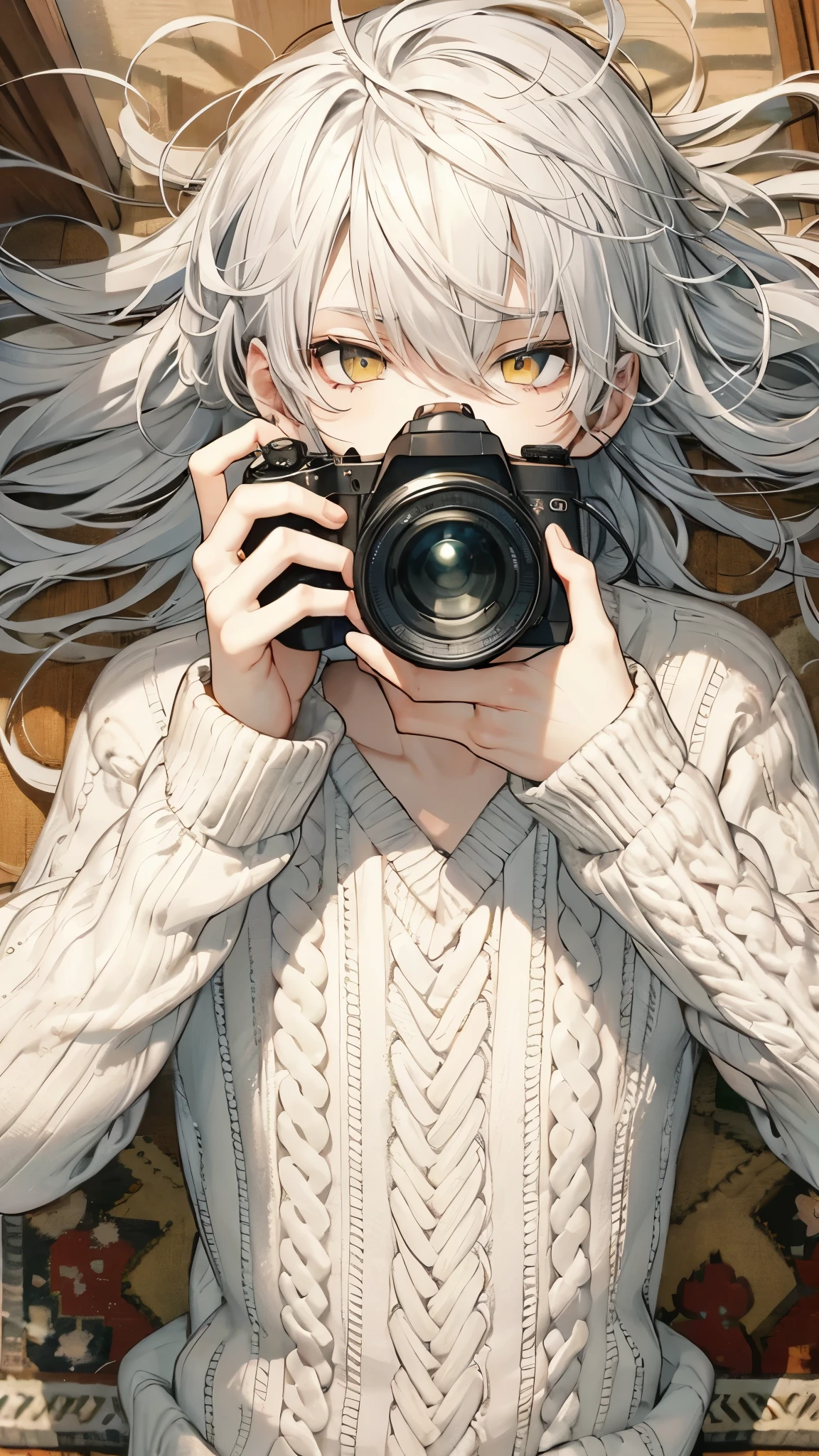 Young male, white long hair with bangs covering the forehead, yellow eyes, sharp gaze looking directly at the camera, holding a camera with one hand, posing with the camera, wearing a white cable knit sweater, lying on a decorative-patterned carpet, shot from above, calm and relaxed expression, natural light filling the room, soft atmosphere. high quality, amount of drawing, pixiv illustration