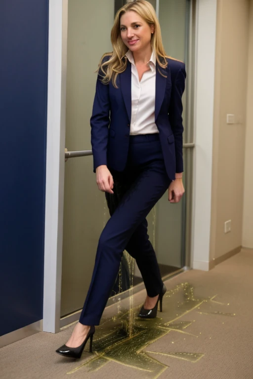tall blonde, business pants, heels, ((pee stain)), show heels