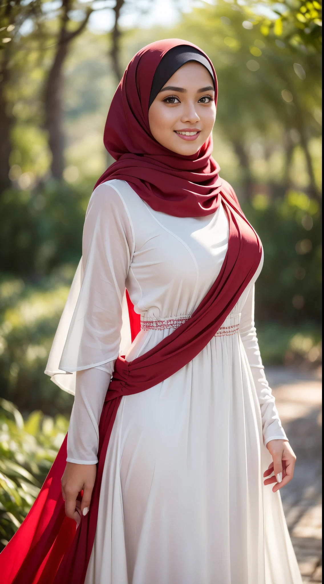 RAW, Best quality, high resolution, work: 1.3, beautiful Malay woman in hijab, beautiful big eyes, smiling, beautiful face, shiny lips, soft smile, medium portrait, watery eye ,big breast,beautifull woman wearing a red and white dress and a white scarf, modest flowing gown, ( ( white, long dress female, white tunic,  dress, stylish dress, detailed picture, dark red, dark red dress, idian dress, full body red dress, full covered dress, long tunic, sea - red and white clothes, red dress, an elegant red, background, bokeh,