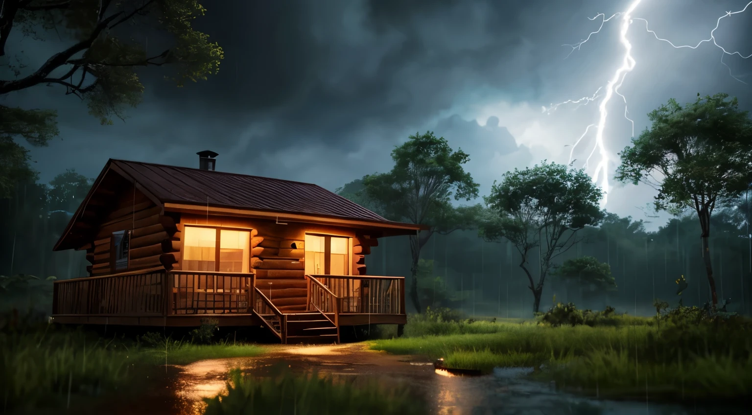 imagem de uma tempestade na floresta estilo 3d pixar, with lightning and thunder, clouded skies, a cabin with lit windows in the middle of the forest surrounded by rain-soaked vegetation