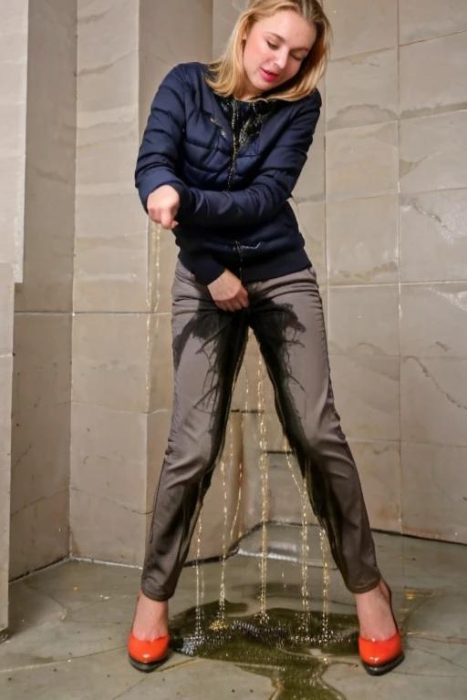 tall blonde, light gray business pants, heels, ((peeing self)), show heels, SoakingWetClothes, water pouring through clothes