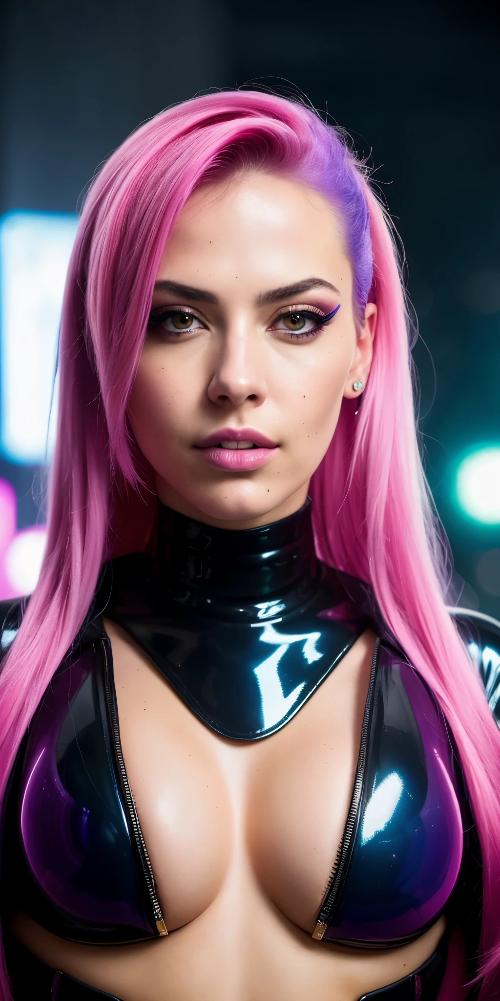 close-up portrait of a beautiful young woman, (cyberpunk clothes) (ErinNobodySD15), Large breasts, pressed lips (seriously: 1.2) appearance (bright side light rim light: 1.2) deep dark shadows dramatic camera angle high-contrast color gradation (masterpiece: 1.2) (photorealistic: 1.2) (bokeh:1.2) (best quality) (detailed skin:1.3) (complex details) (8k) (HDR) (cinematic lighting) (sharp focus), large multicolored hair loose and wavy, neon lights in the background, pink latex clothing, raw and realistic