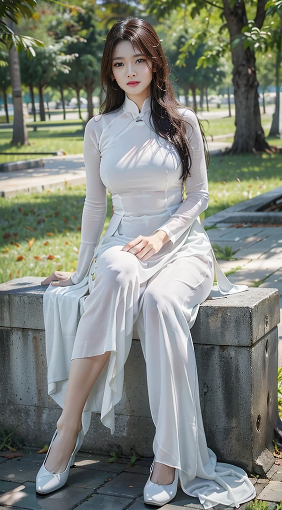 photorealistic portrait, high-res, 1woman, bara, Hip up, large boobs, look at viewer, (detailed face), white ao dai, thin, wet, No pants., beautiful legs, jewelry, trees