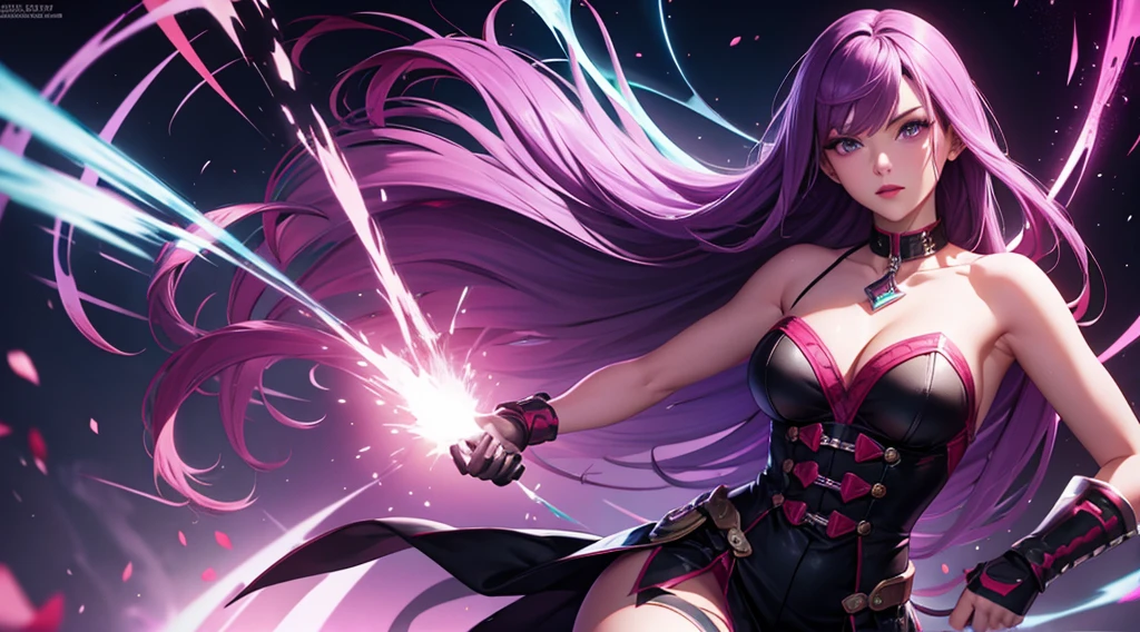purple hair, risque pose, digital illustration, vibrant colors, soft lighting, glowing effects, perfect face, glowing effects, absurdres, ultrasharp, 8K, long hair, seductive, duel knives, chains, assassin, short skirt
