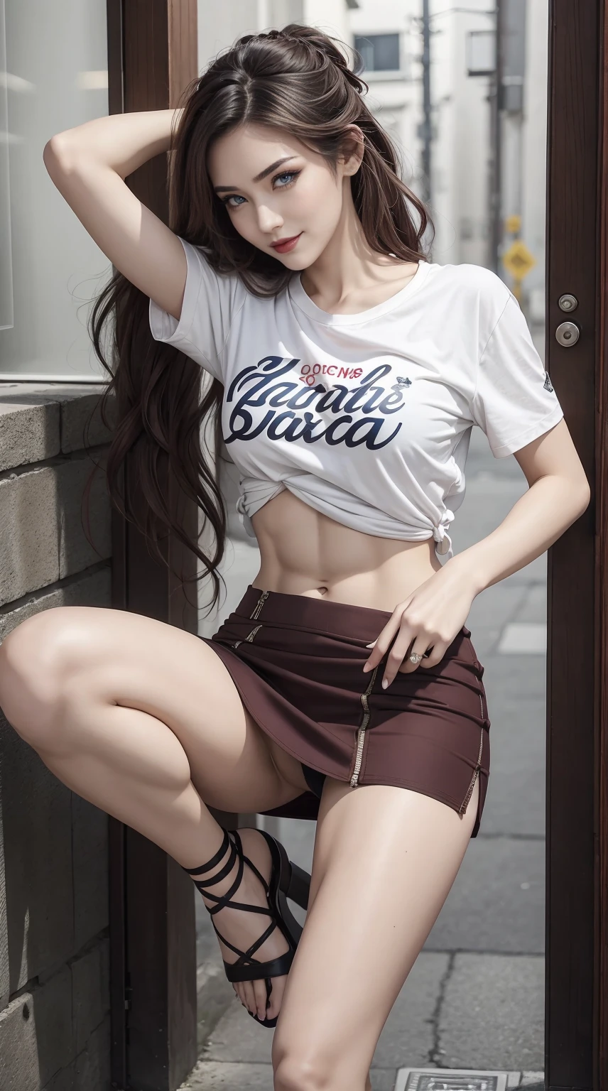 24-year-old woman、Hair color is brunette、Eye color is blue、Longhaire、wearing eye shadow and lipstick、Slender but well-proportioned muscular body、a smile、Beautiful breasts、I&#39;m wearing a T-shirt that&#39;s too small、My abs are cracked、I can see the navel、I&#39;m wearing a side zipper skirt、my hair is tied up、I&#39;m wearing lace-up sandals、