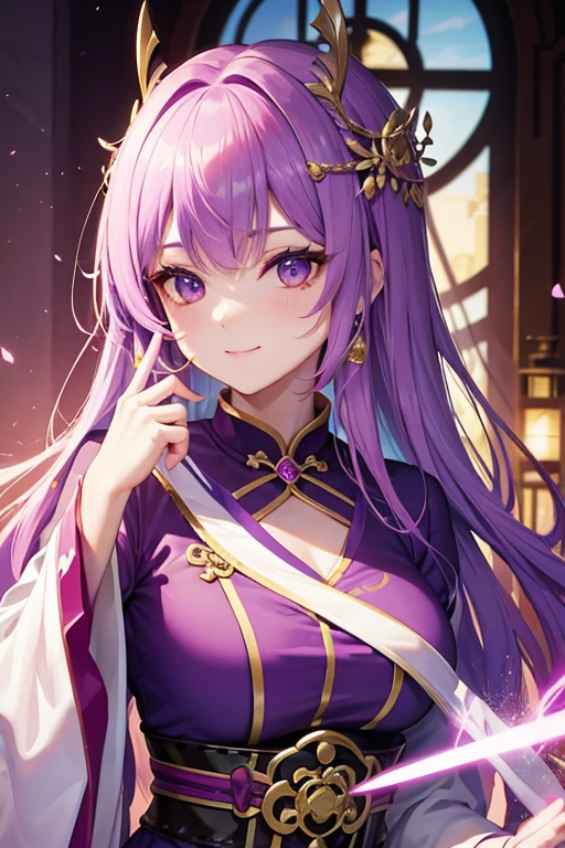 Bright purple Taoist robe, Falda larga Hanfu, ojos grandes, Obra maestra belleza absoluta, 1 mujer, sonrisa curativa, escena de nieve, trenza retorcida, Peinado princesa corte princesa, Accesorios sencillos para el cabello, sexy