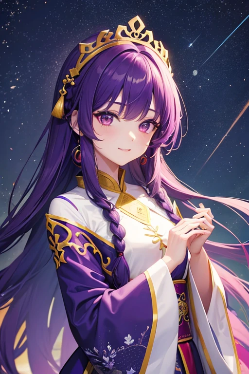 Bright purple Taoist robe, Falda larga Hanfu, ojos grandes, Obra maestra belleza absoluta, 1 mujer, sonrisa curativa, escena de nieve, trenza retorcida, Peinado princesa corte princesa, Accesorios sencillos para el cabello, sexy