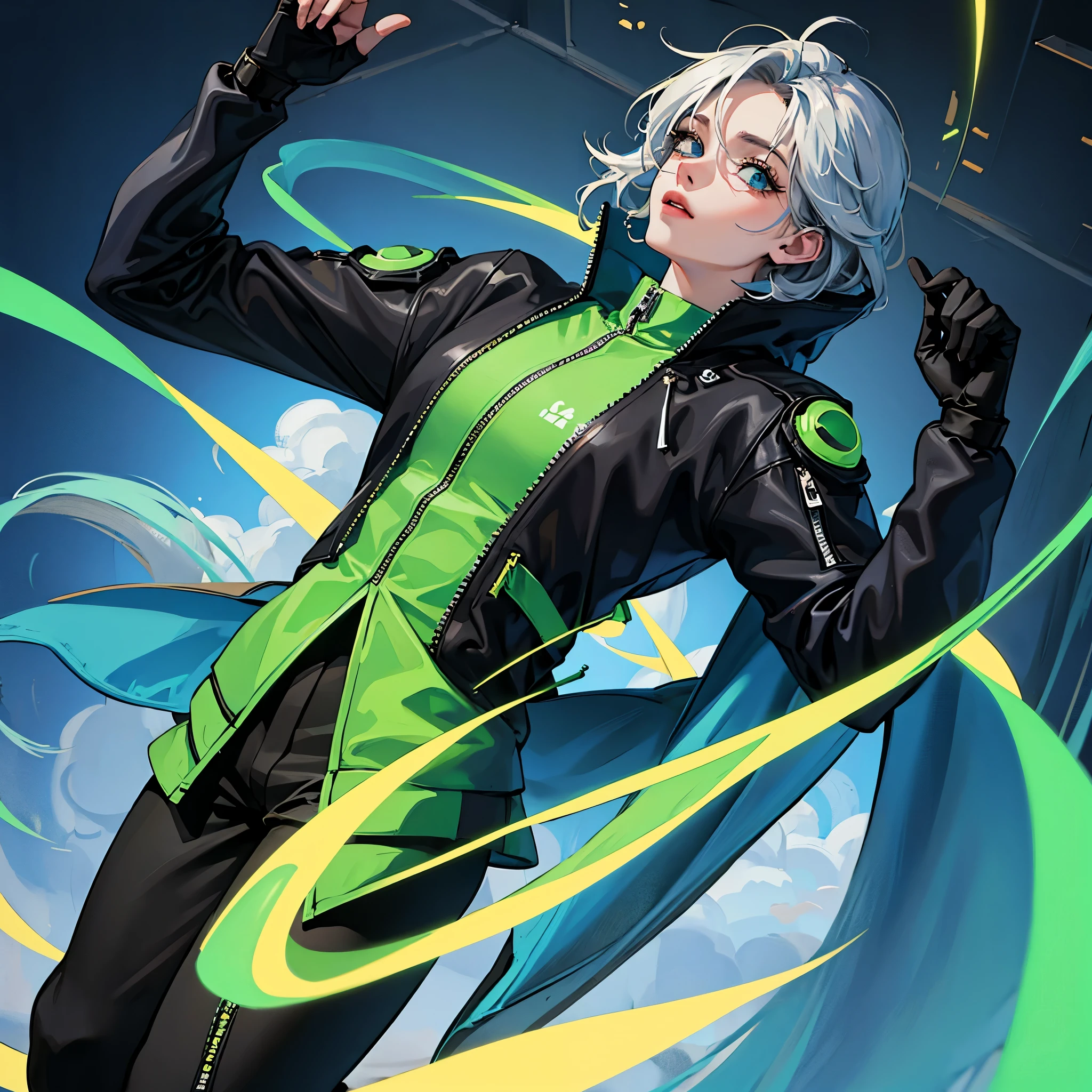 A cyber hero boy rests on a cloud, surrounded by a circle on the screen. Ele veste roupa techwear preta e verde, cabelos longos ao vento, com botas irradiando raios verdes. in the arms, segura um cachorro, compartilhando a jornada. Estilo: desenhado ou anime.