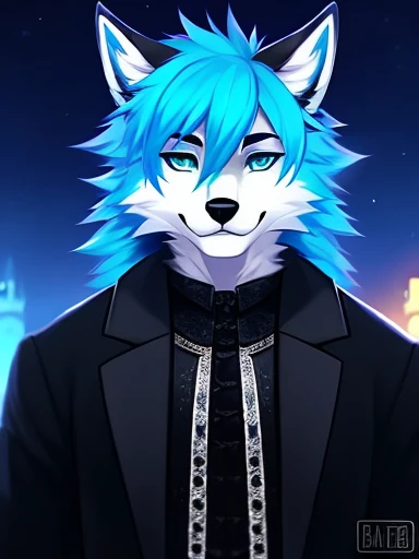lobo de anime com olhos azuis e cabelo azul:1.5, Fursona art, personagem peludo portrait, lobo peludo, very very beautiful Arte peluda, furry Fursona, Arte peluda, Arte peluda!!!, Fursona!!!!, cara de lobo antro, personagem peludo, com pelo azul e olhos azuis, wolf Fursona, olhos azuis brilhantes, arte digital peluda, Angiewolf, Retrato de antro lobo peludo macho ciano e branco, olhos azuis, cabelo ciano grande e liso, mechas de cabelos brancos, gothic coat ,cabelo detalhado, olhos altamente detalhados, olhos azuis, highly detailed face features, highly detailed night scenery, highly detailed gothic digital art.