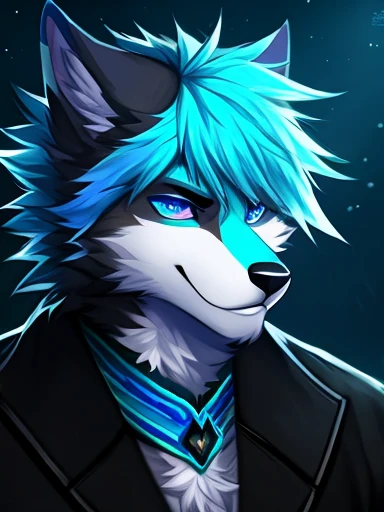 lobo de anime com olhos azuis e cabelo azul:1.5, Fursona art, personagem peludo portrait, lobo peludo, very very beautiful Arte peluda, furry Fursona, Arte peluda, Arte peluda!!!, Fursona!!!!, cara de lobo antro, personagem peludo, com pelo azul e olhos azuis, wolf Fursona, olhos azuis brilhantes, arte digital peluda, Angiewolf, Retrato de antro lobo peludo macho ciano e branco, olhos azuis, cabelo ciano grande e liso, mechas de cabelos brancos, gothic coat ,cabelo detalhado, olhos altamente detalhados, olhos azuis, highly detailed face features, highly detailed night scenery, highly detailed gothic digital art.